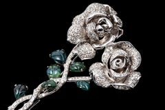 18k Gold Carved Green Tourmaline and Pave Diamond Rose Brooch, App. 1.16 TW