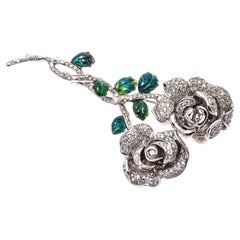 18k Gold Carved Green Tourmaline and Pave Diamond Rose Brooch, App. 1.16 TW