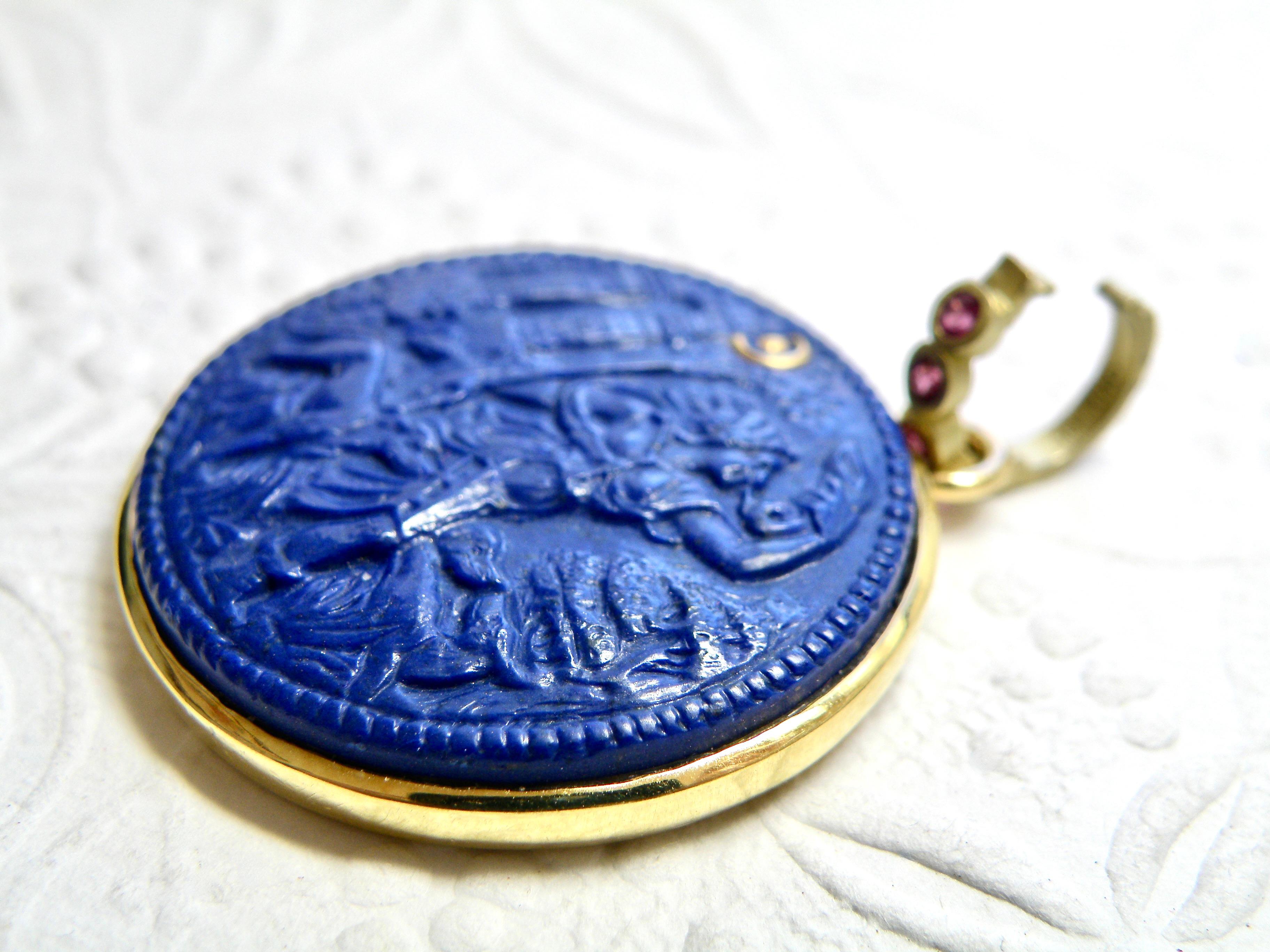 18k pendant enhancer with carved lapis goddess Diana. Pink Sapphire bail.