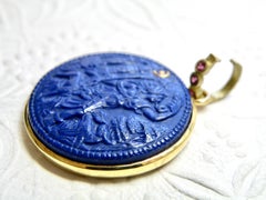 18k enhancer, carved lapis goddess Diana with sapphire bail