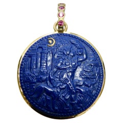 18k carved lapis goddess Diana pendant with sapphire bail
