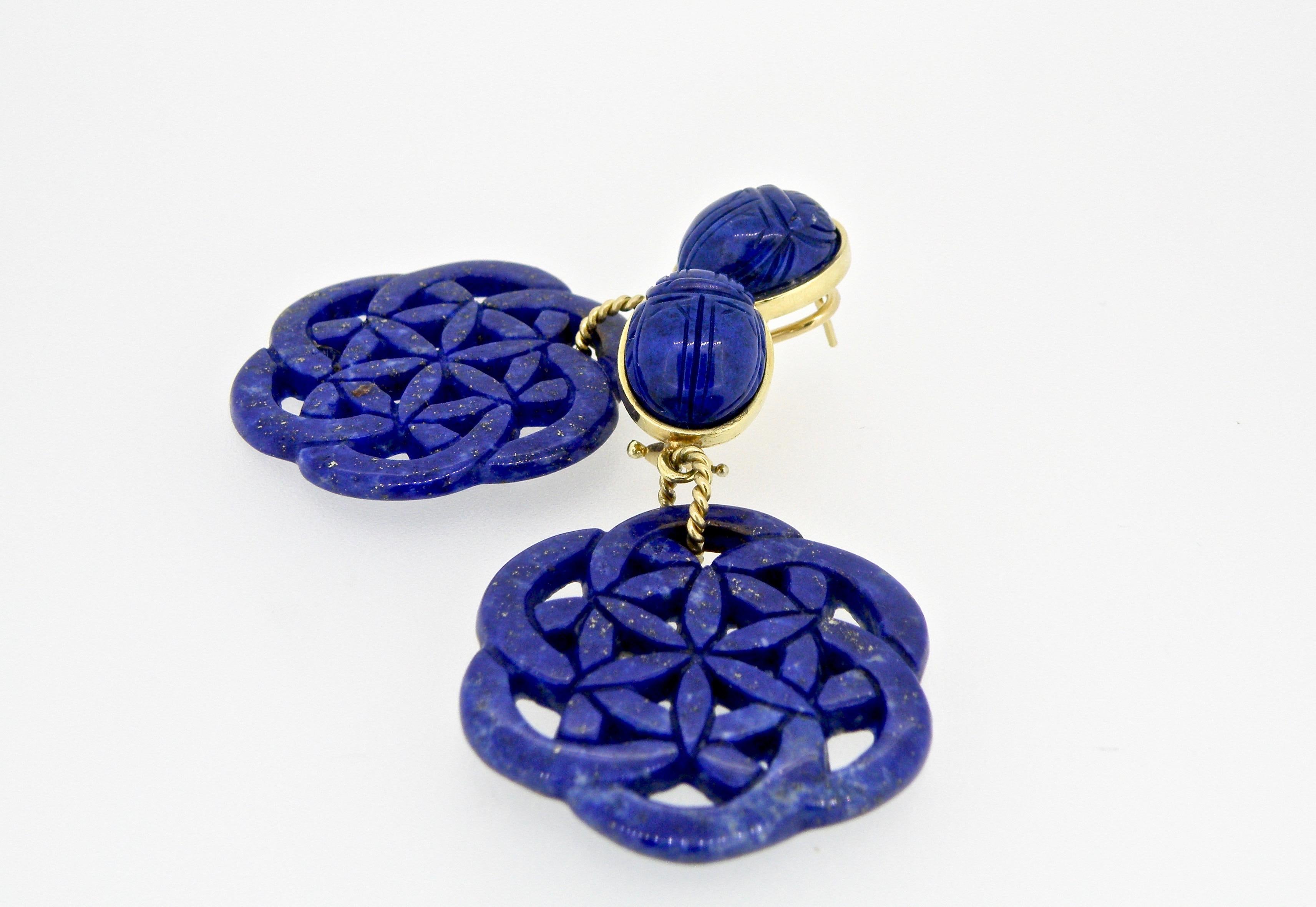 18K Carved Lapis Lazuli Drop Scarab Earrings