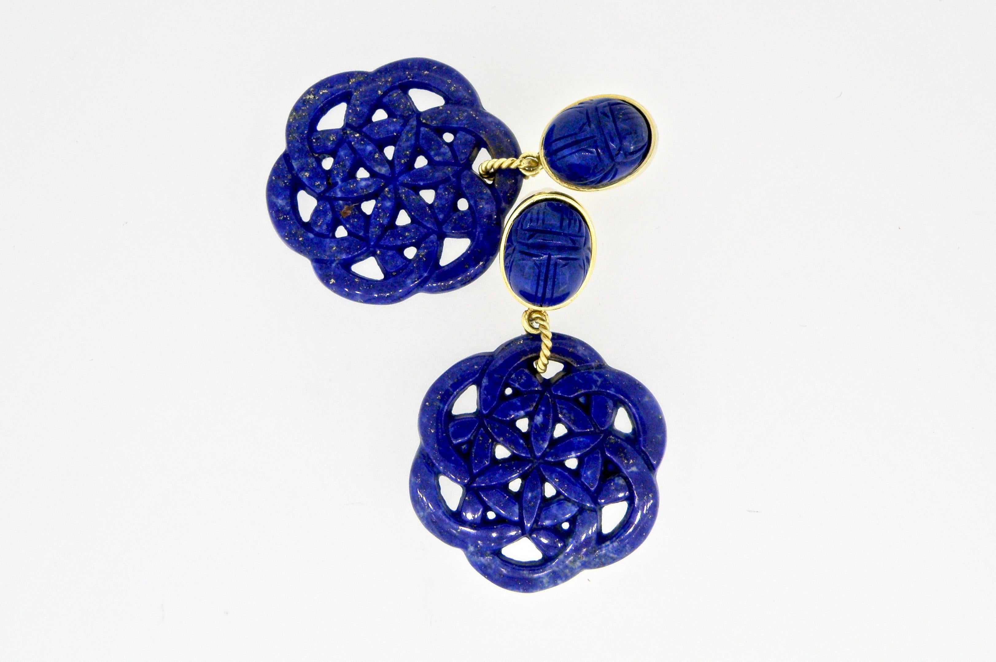 Contemporary 18 Karat Carved Lapis Lazuli Scarab Drop Earrings
