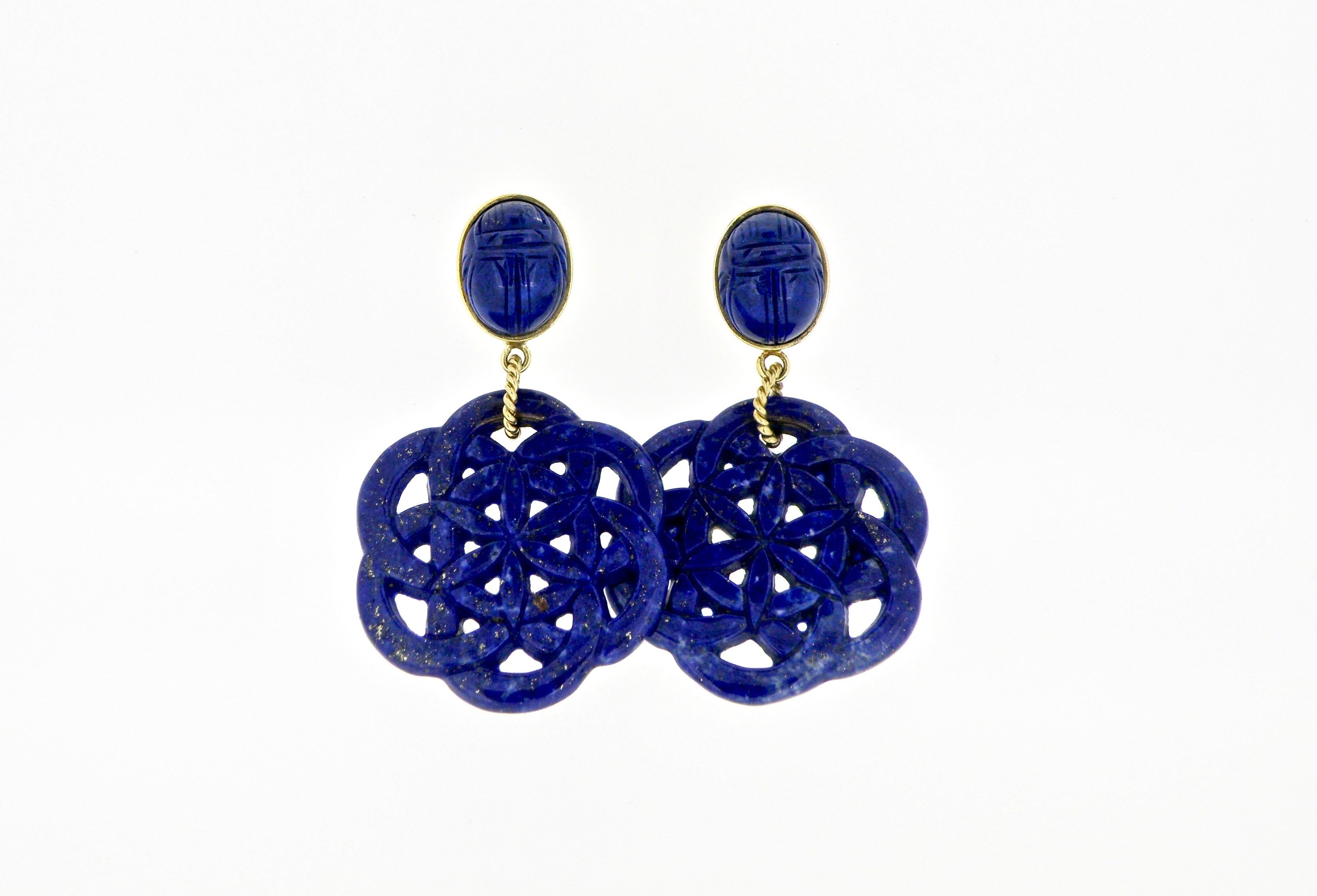 18 Karat Carved Lapis Lazuli Scarab Drop Earrings In New Condition In Cohasset, MA