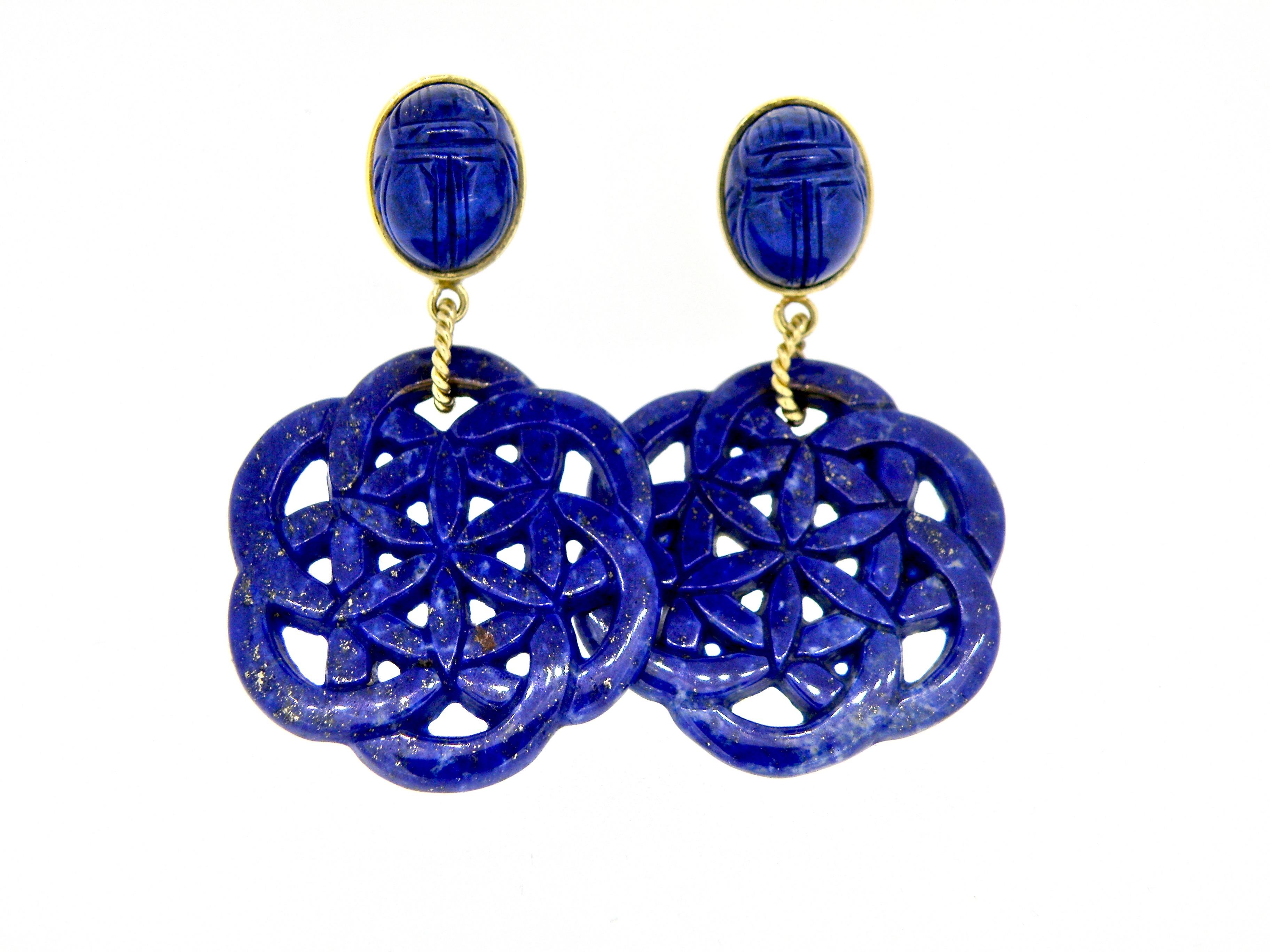 Women's or Men's 18 Karat Carved Lapis Lazuli Scarab Drop Earrings