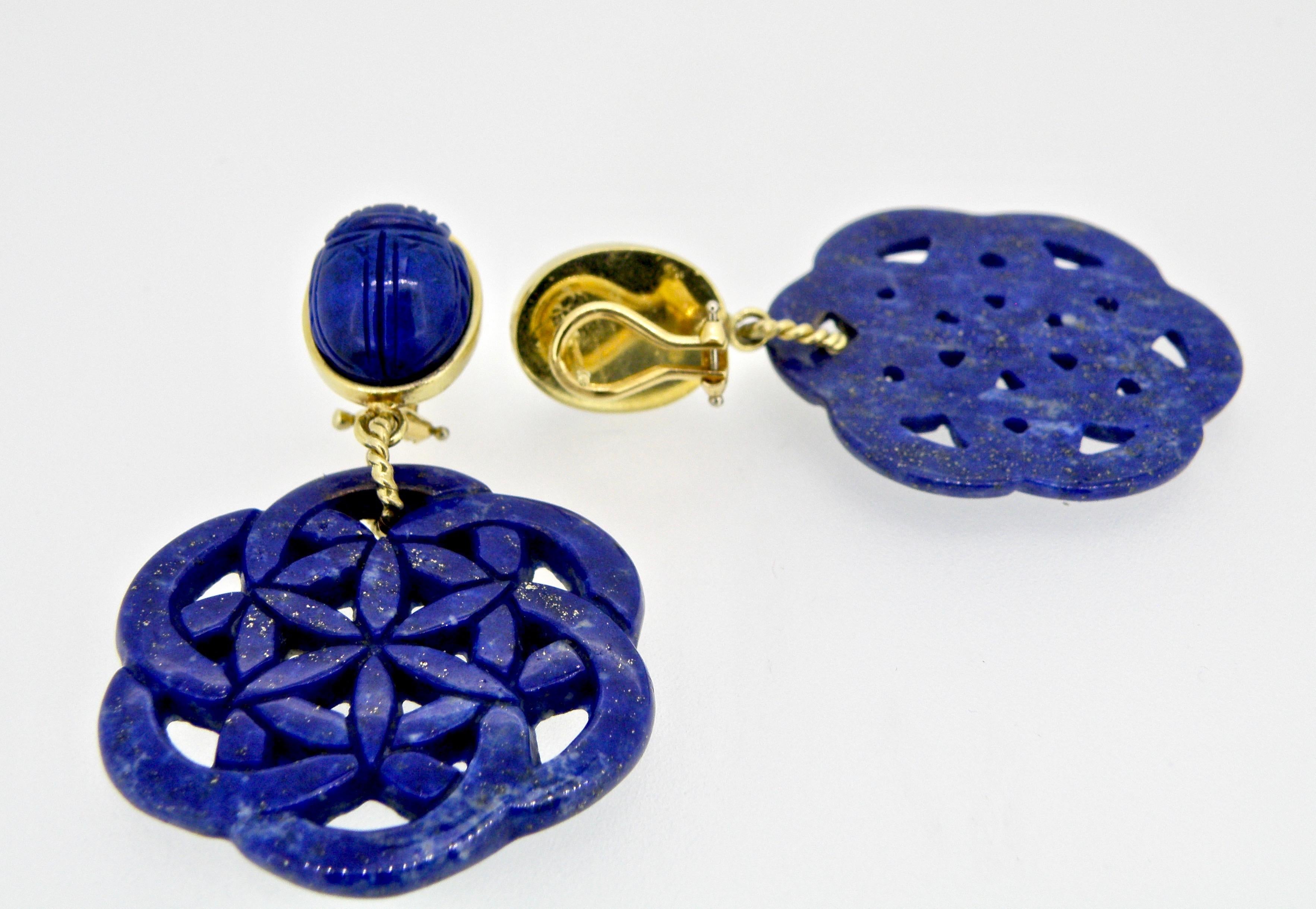 18 Karat Carved Lapis Lazuli Scarab Drop Earrings 1