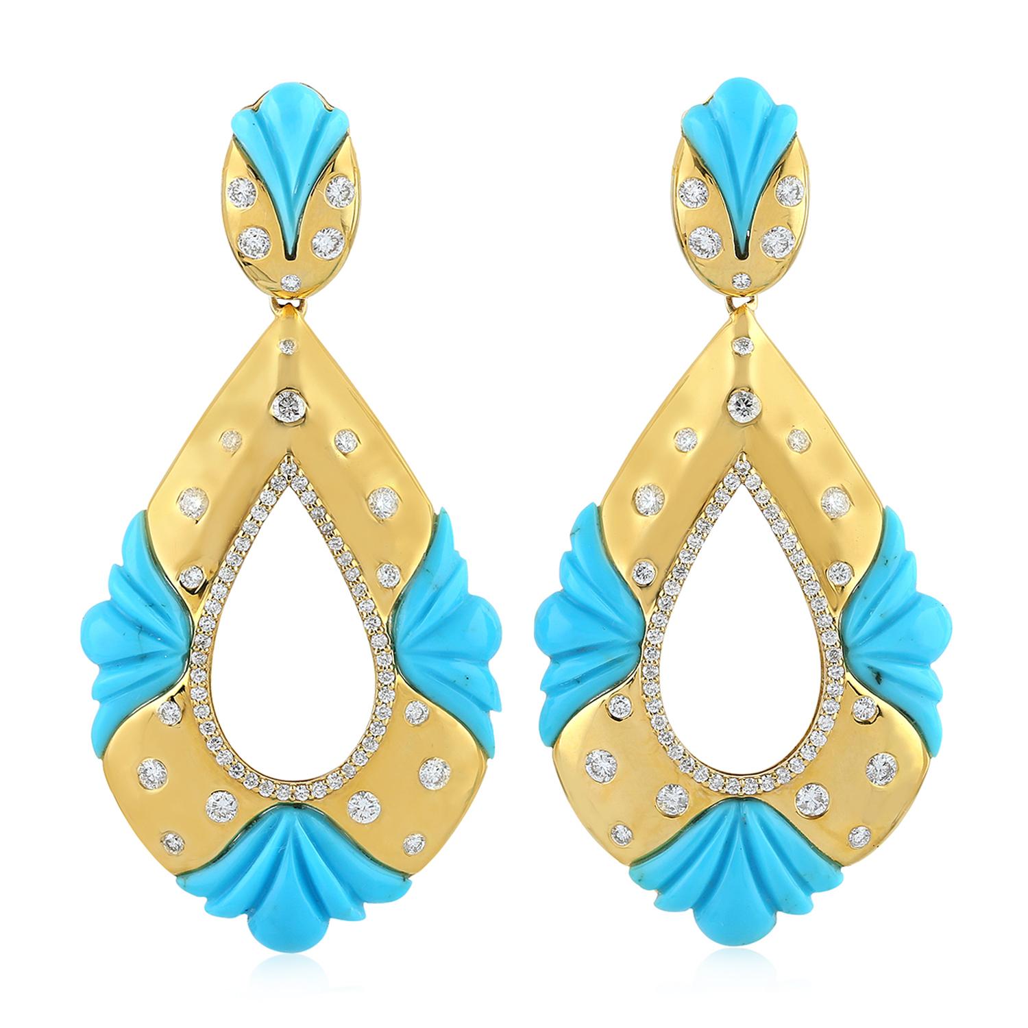 18.94 carats Carved Turquoise Diamond 14 Karat Gold Earrings For Sale