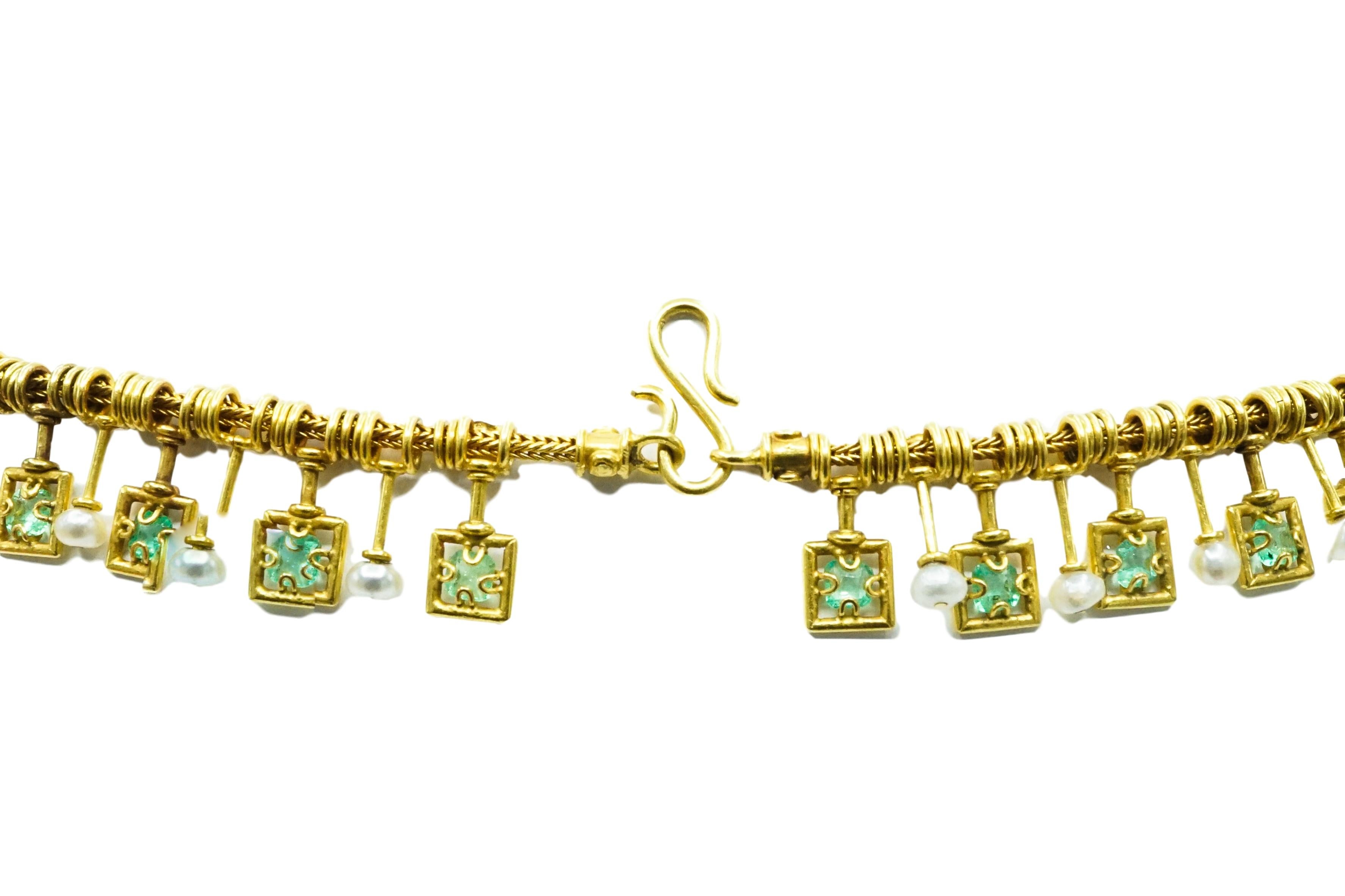19th Century 18K Castellani Square cut Emerald, Pearl, and Gold Necklace with fitted box. 

SKU#N-01680