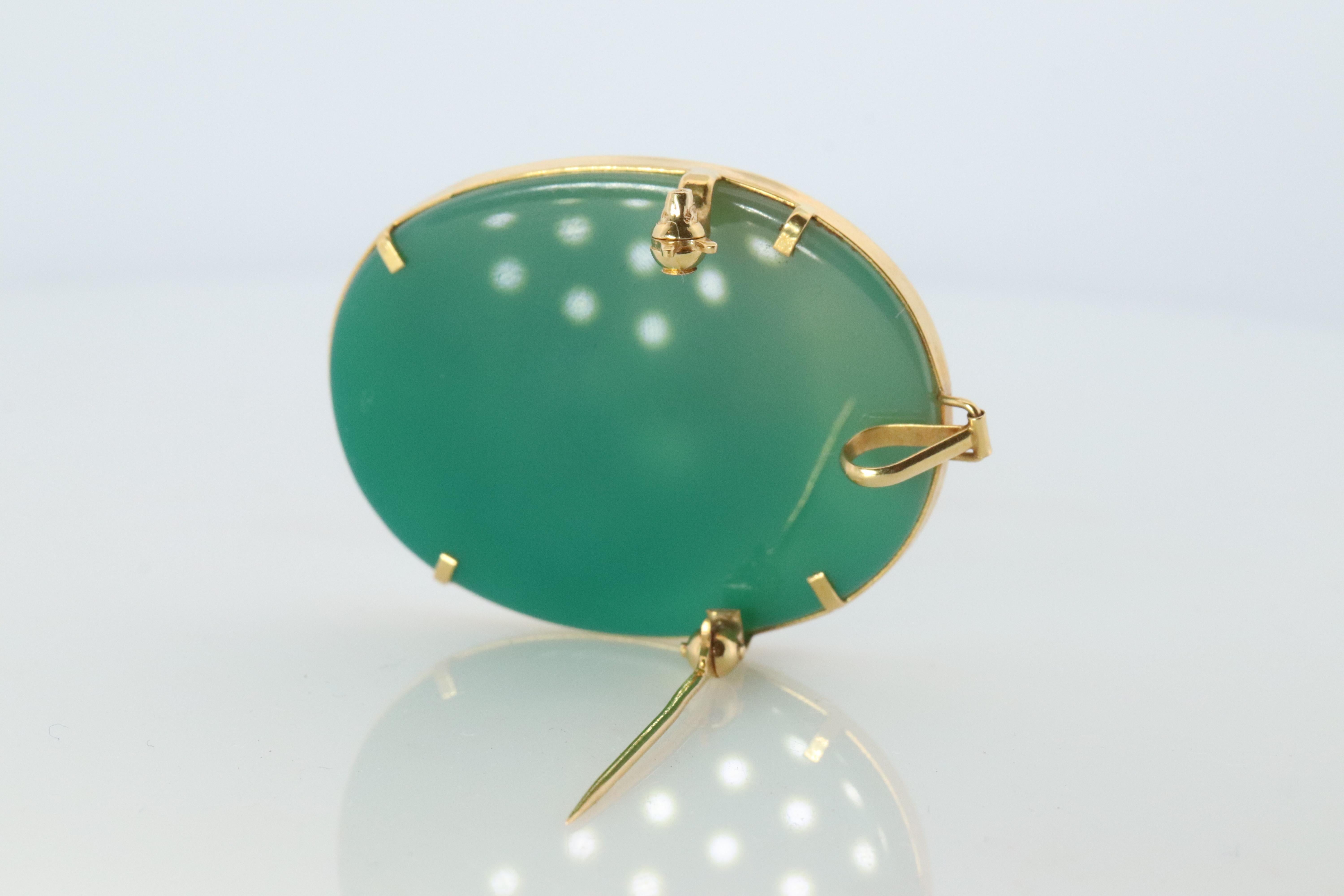 18k Gold Brooch and Pendant for a necklace

Carved Cameo Cat into a Blue Agate.

Details:
7.5grams total
28mm by 36mm oval
Please review the size comparison to a US quarter.