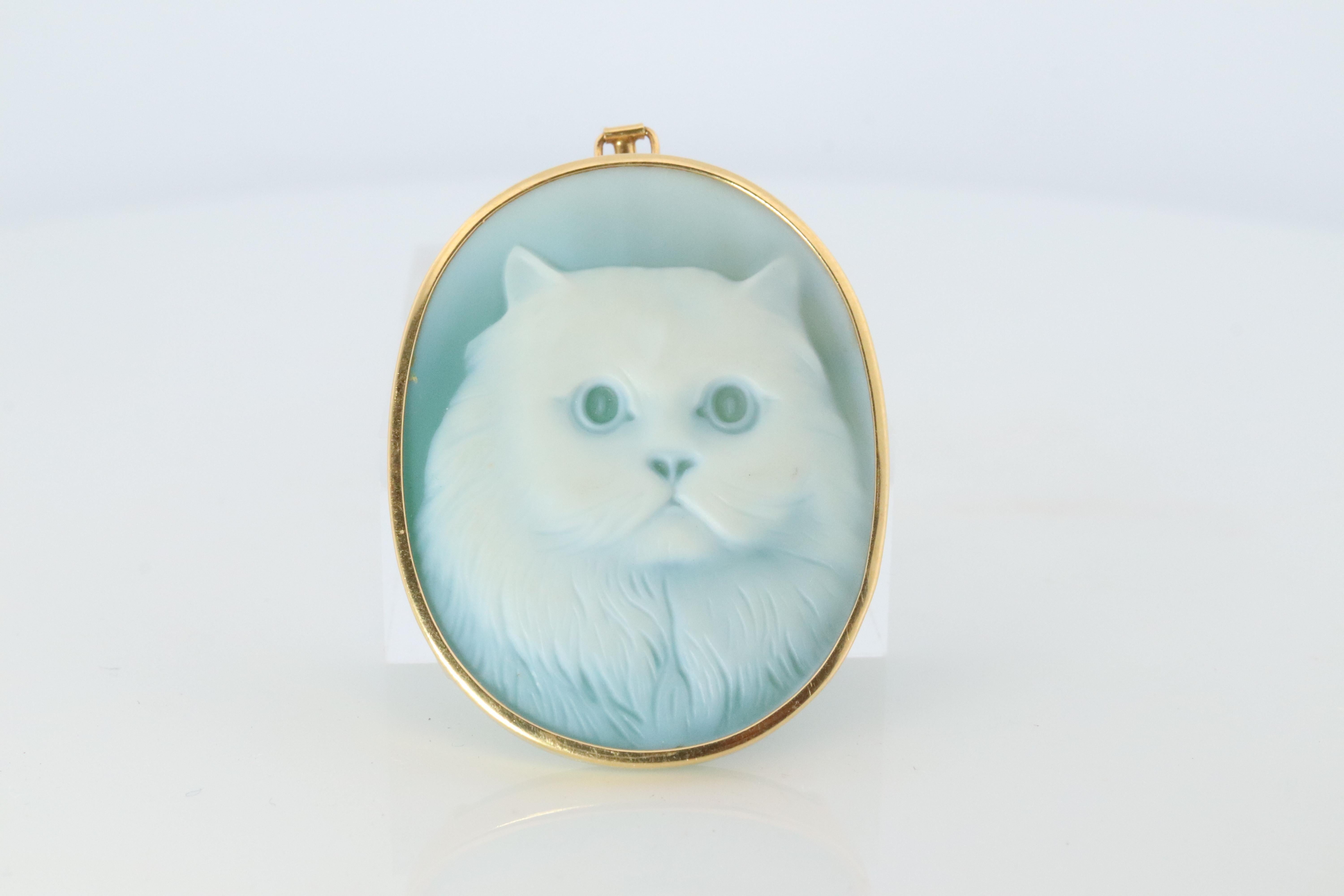 Women's 18k Cat Face Brooch and Pendant. 18k YG Carved Cute Cat Carved Cameo For Sale