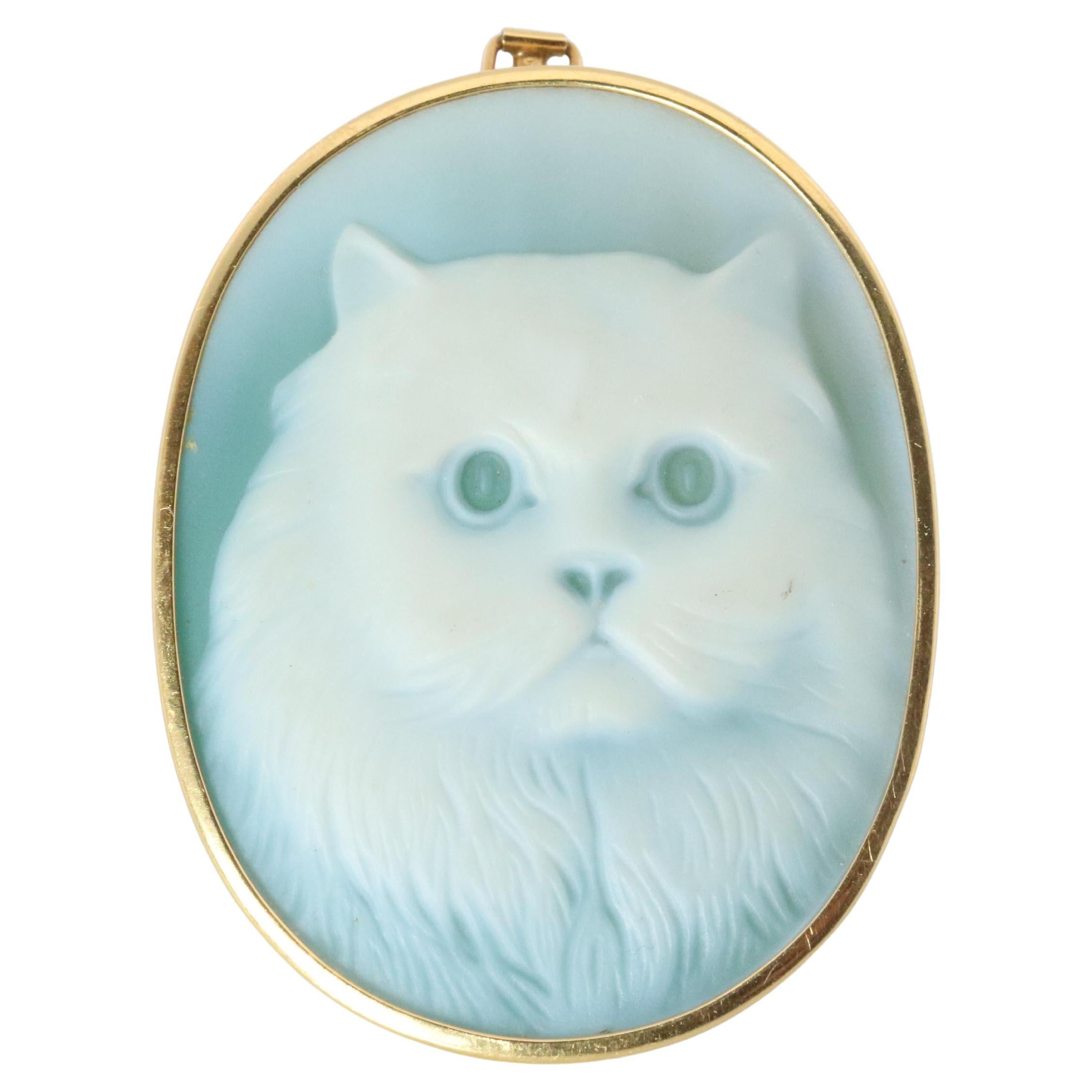 Spilla e ciondolo con volto di gatto in 18k. Cammeo intagliato a 18k YG Carino Gatto