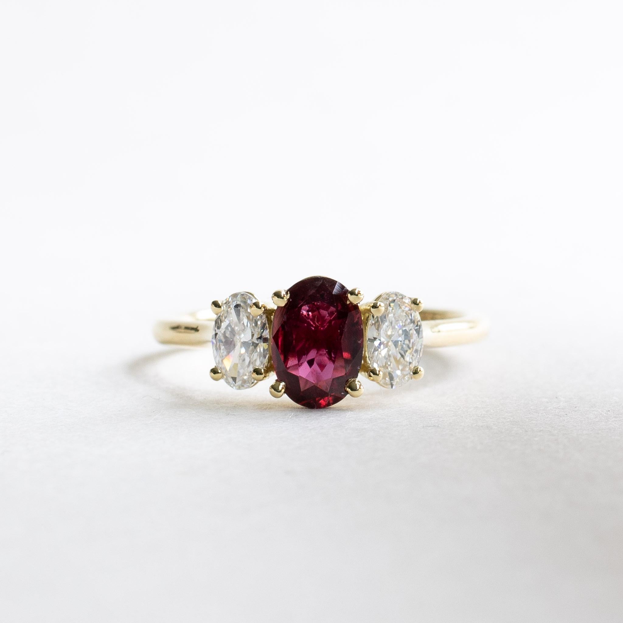 Women's 18karat Certified 0.88 Carat Ruby Diamond Ring, Three Stone Engagement Ring