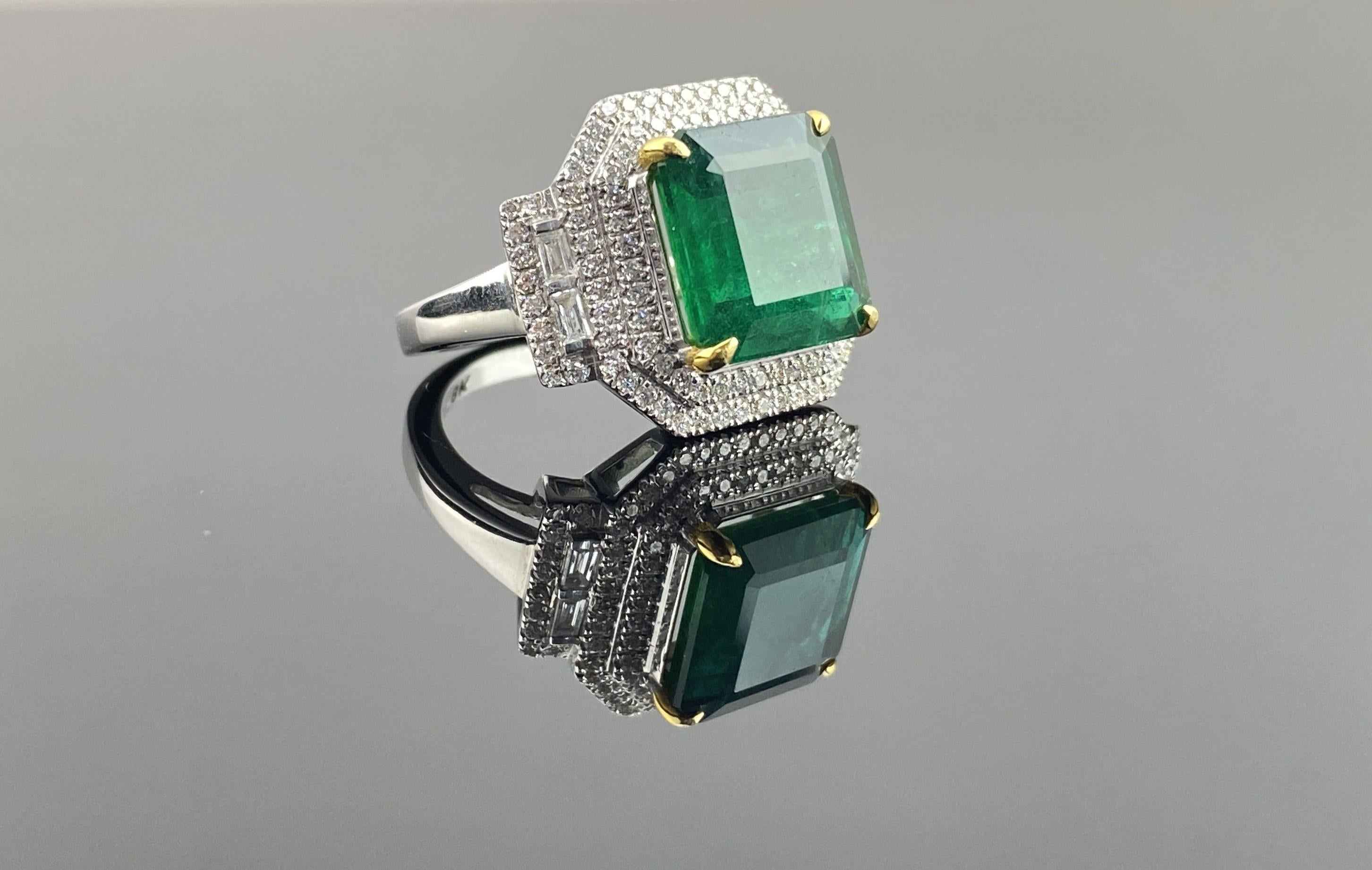Modern 18K Certified Emerald Square Cut Emerald and Diamond Halo Ring For Sale