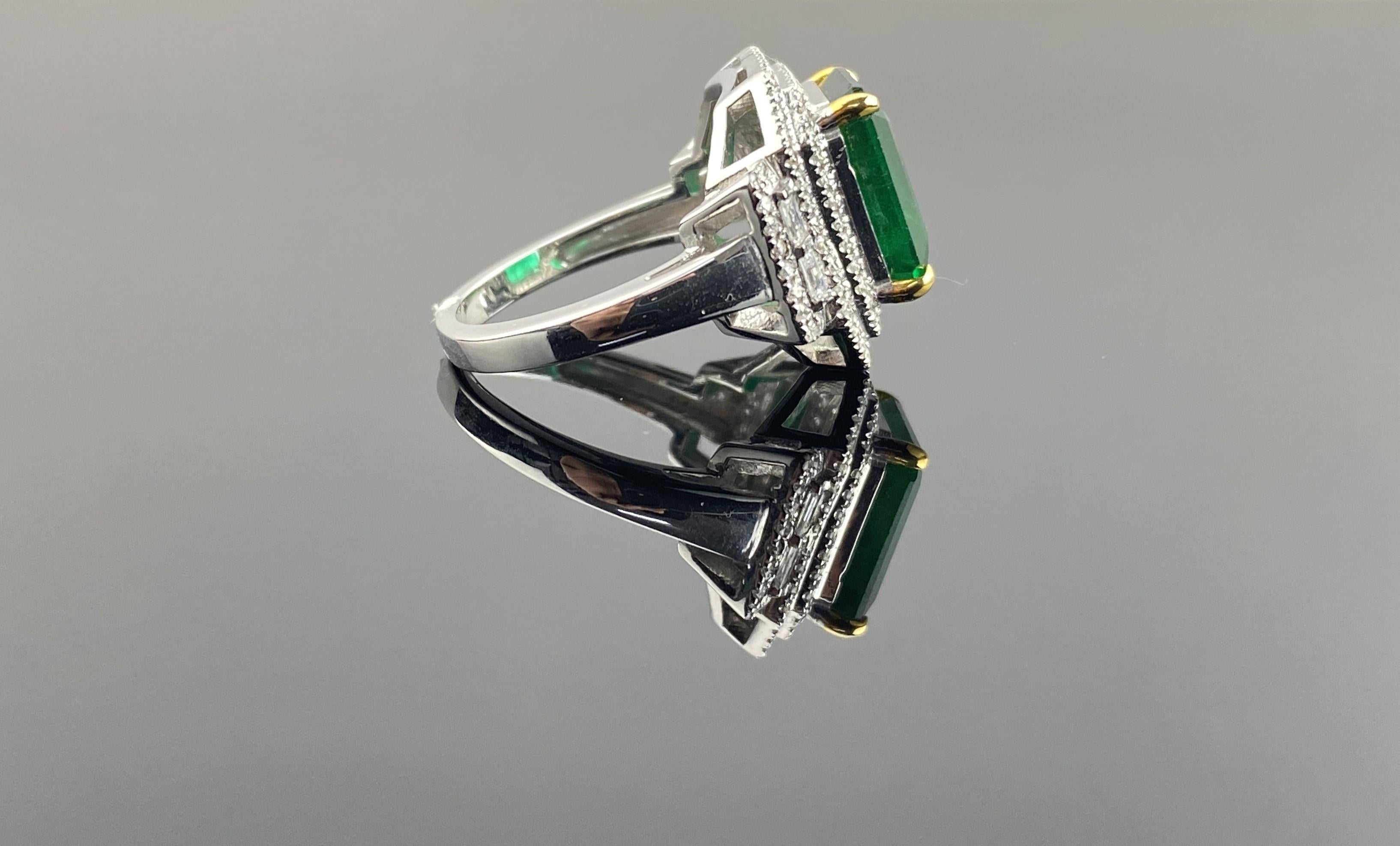 Emerald Cut 18K Certified Emerald Square Cut Emerald and Diamond Halo Ring For Sale