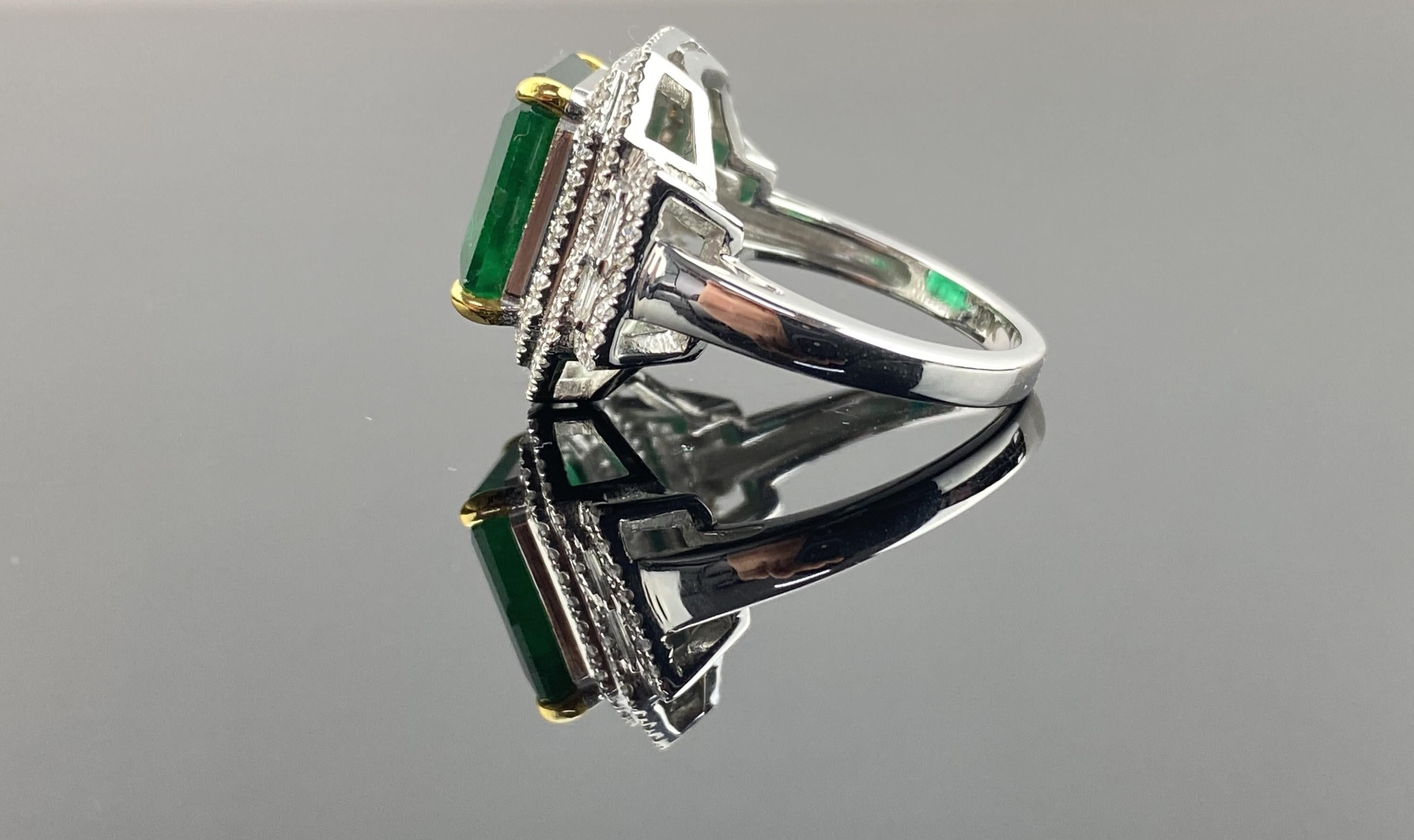 Women's or Men's 18K Certified Emerald Square Cut Emerald and Diamond Halo Ring For Sale