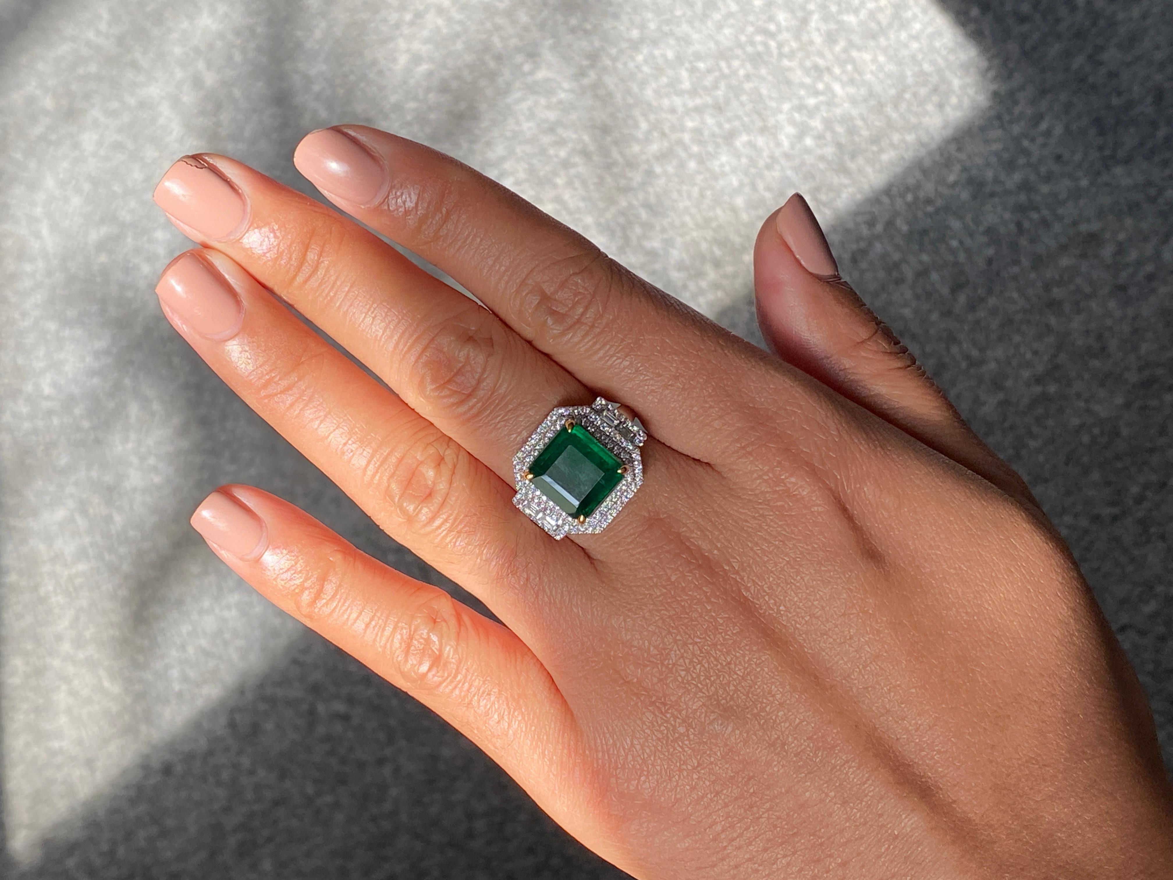 18K Certified Emerald Square Cut Emerald and Diamond Halo Ring For Sale 2