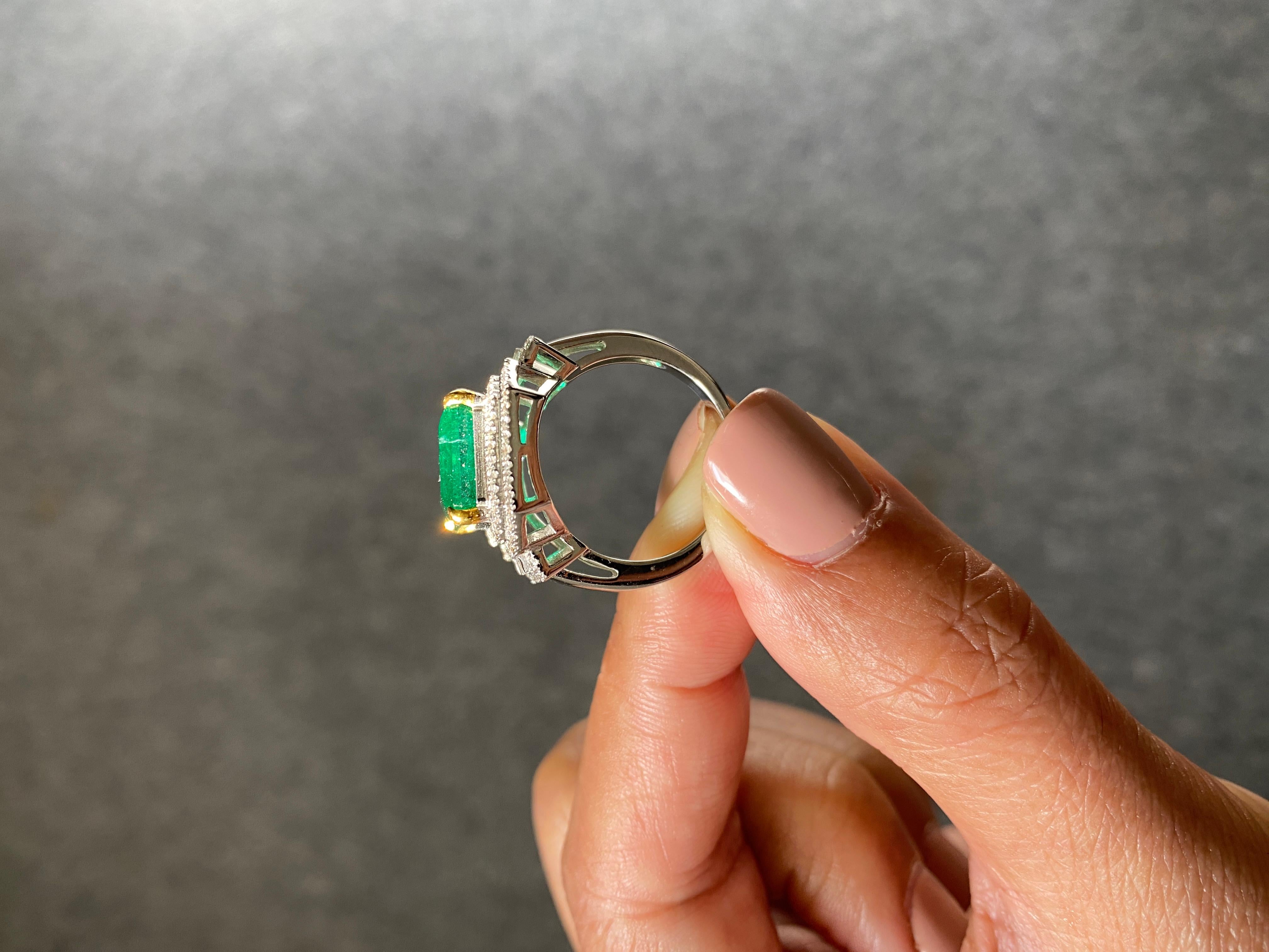 18K Certified Emerald Square Cut Emerald and Diamond Halo Ring For Sale 3