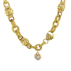 18k Chain Station Necklace Heart Dangle and Clasp Yellow Gold