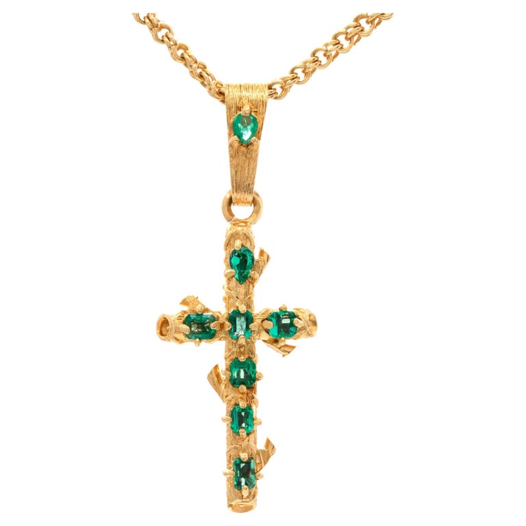 18k Chain with 18k Yellow Gold Chain Cross Pendant with Emeralds For ...