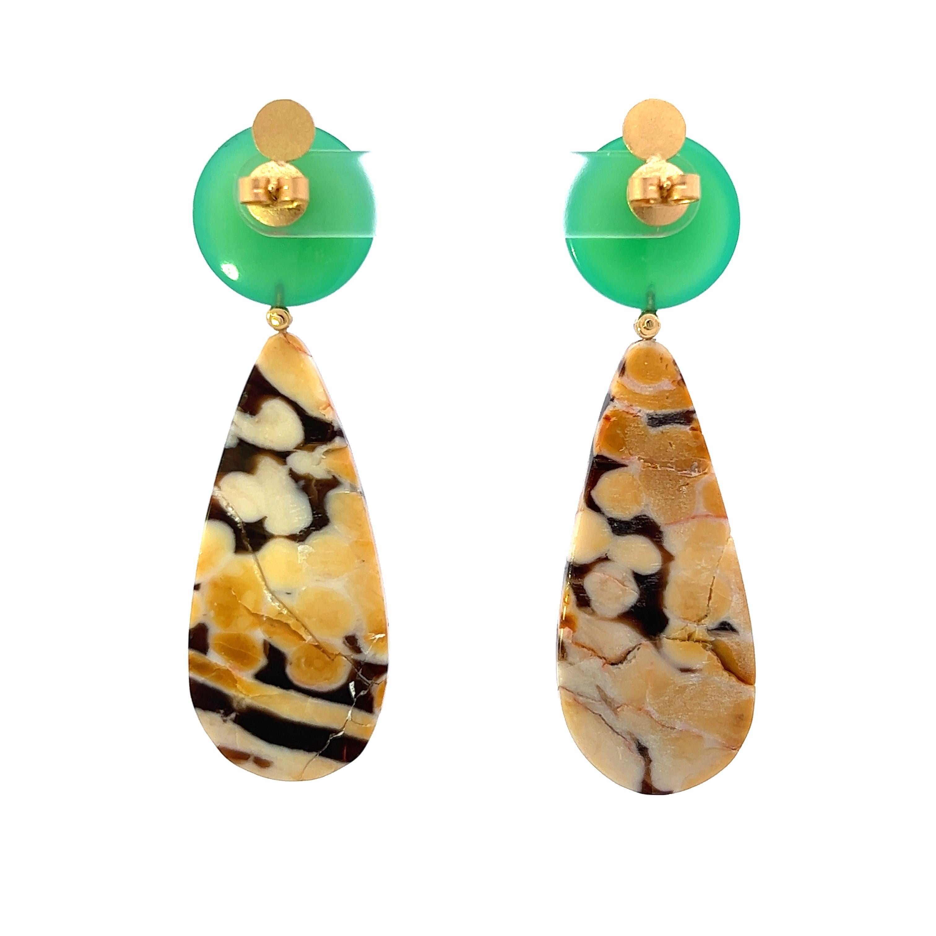 Polished circle cut Chrysoprase with White Diamonds bezel set in 18 carat recycled gold followed by teardrop shaped polished Australian Petrified Peanut Wood. These earrings are a statement without the weight of a typical gemstone earring.