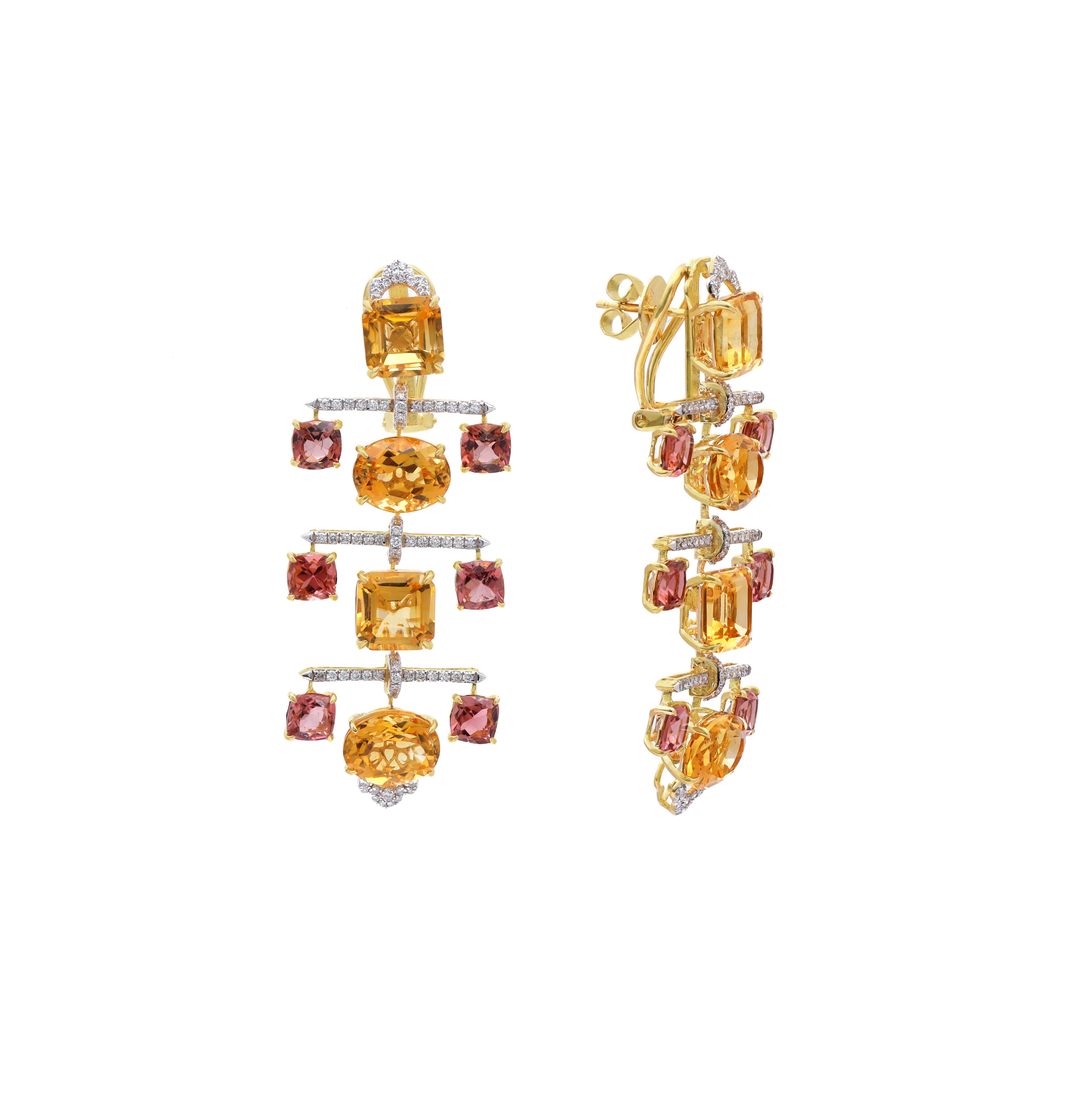 18k Citrine And Tourmaline Earrings, Multi Color Earrings For Her In New Condition For Sale In Jaipur, IN