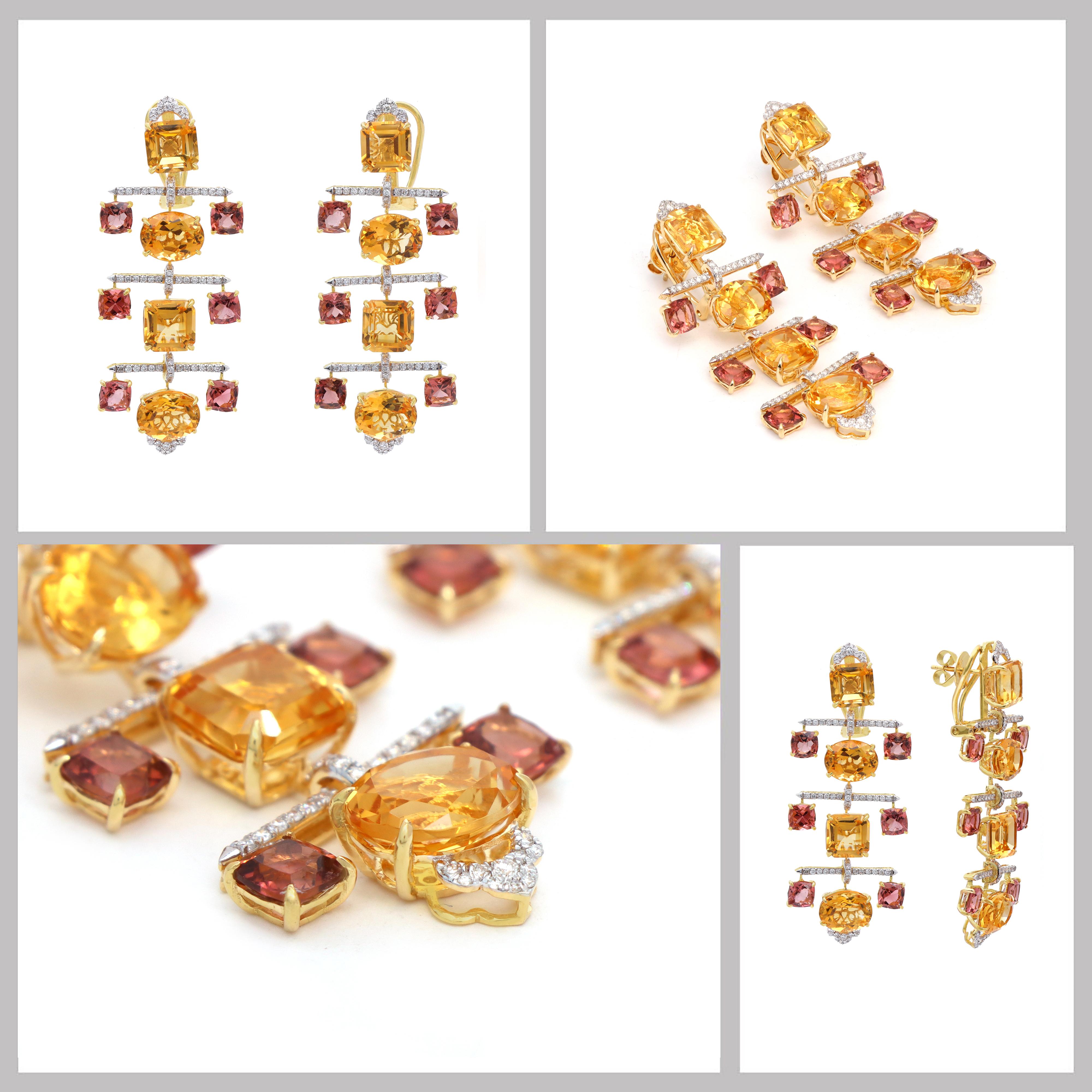 Women's 18k Citrine And Tourmaline Earrings, Multi Color Earrings For Her For Sale