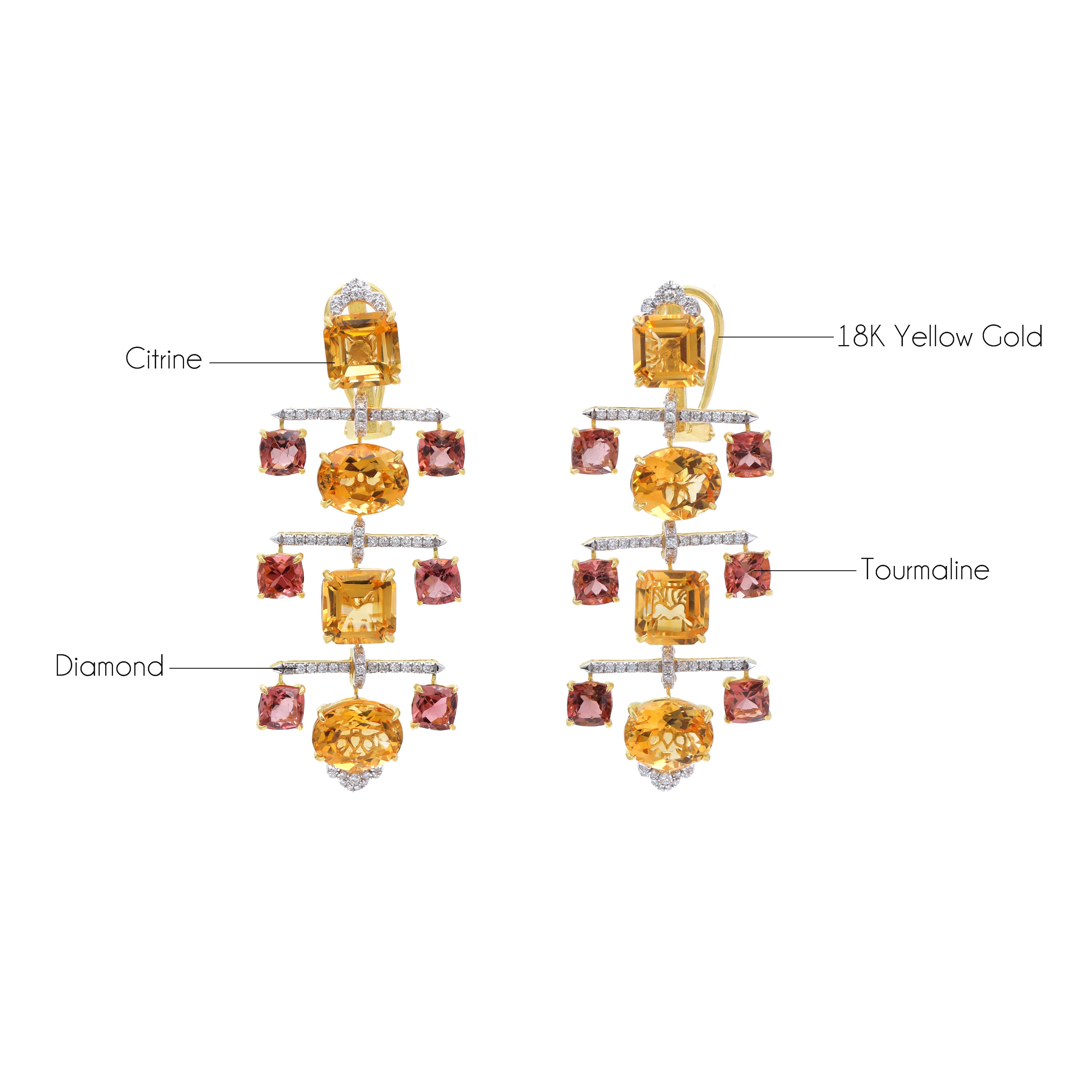 18k Citrine And Tourmaline Earrings, Multi Color Earrings For Her For Sale 1