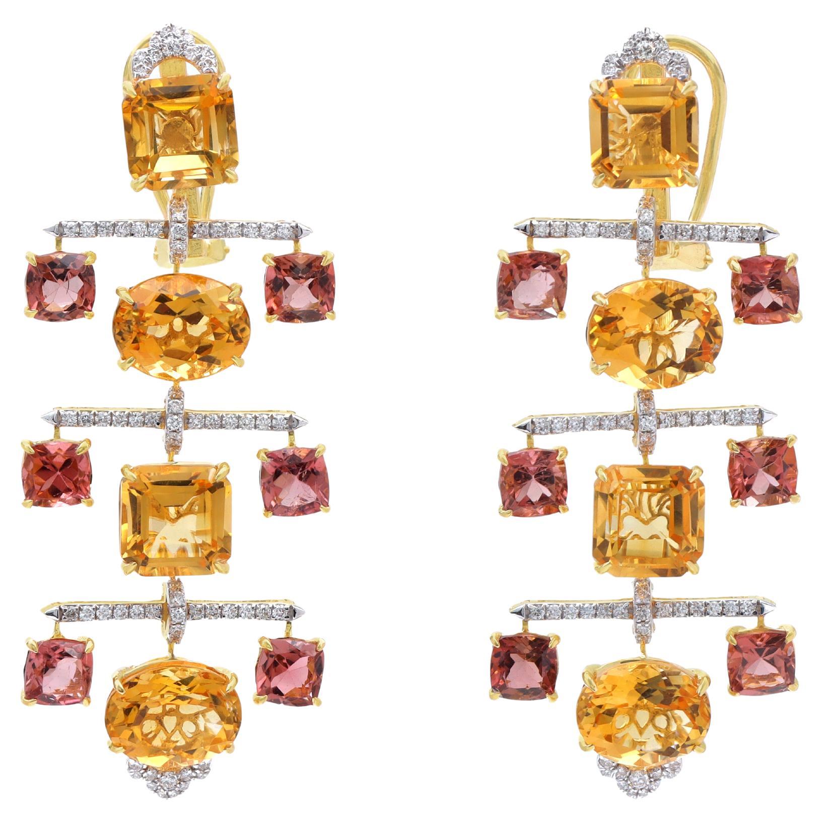 18k Citrine And Tourmaline Earrings, Multi Color Earrings For Her For Sale