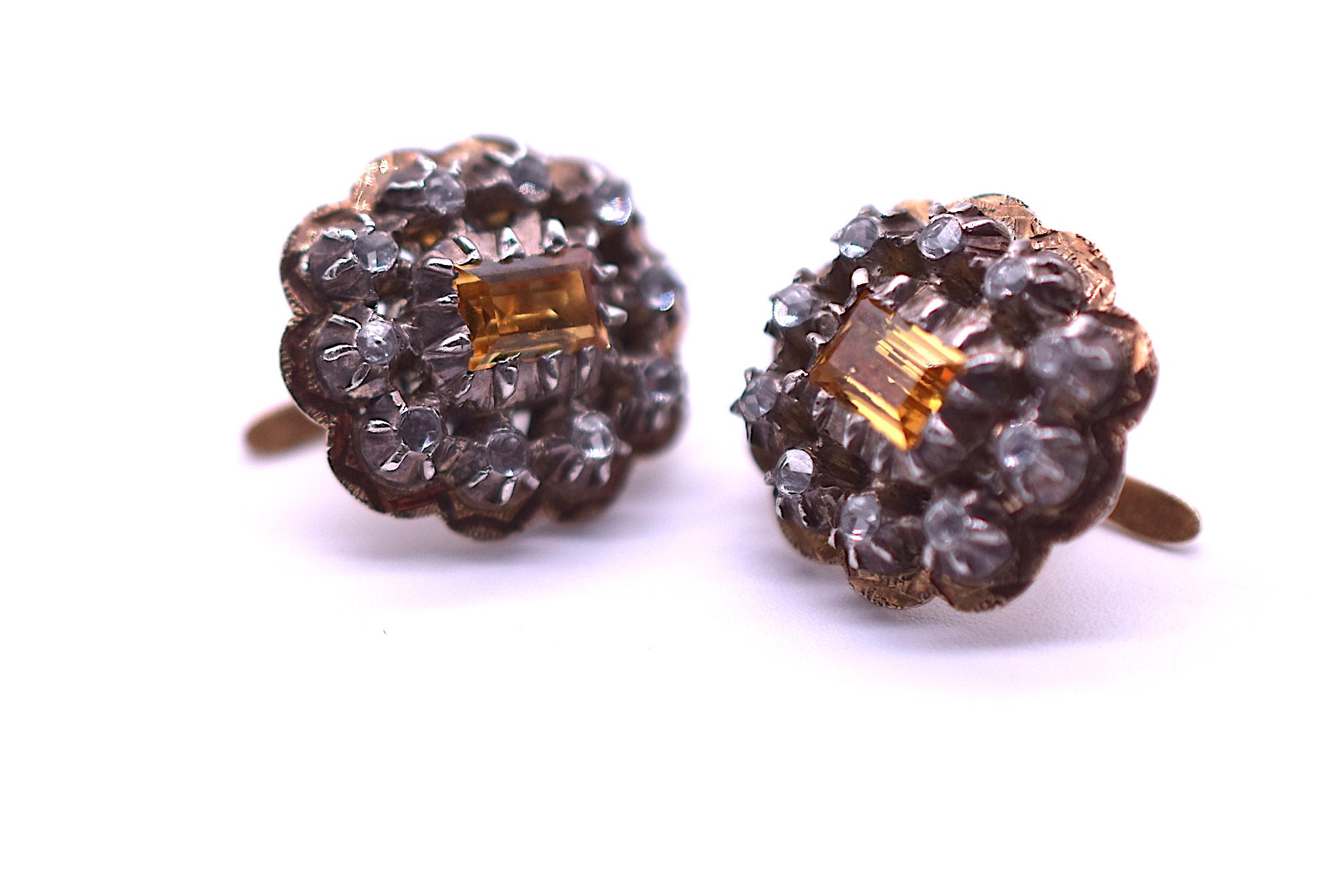 18 Karat Citrine Button Diamond Cluster Earrings, circa 1880 1
