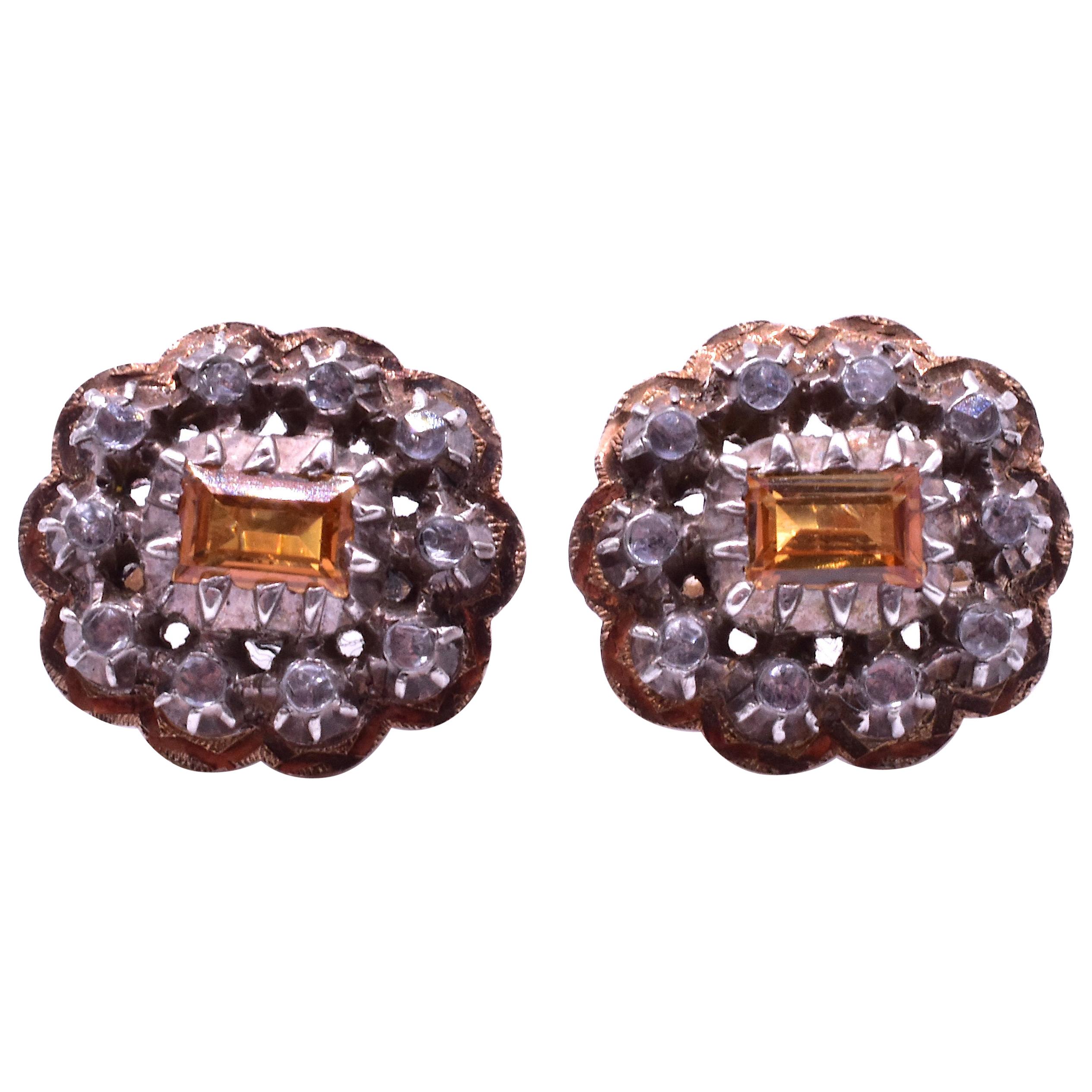 18 Karat Citrine Button Diamond Cluster Earrings, circa 1880