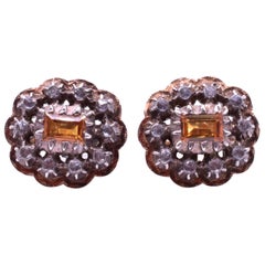 Antique 18 Karat Citrine Button Diamond Cluster Earrings, circa 1880