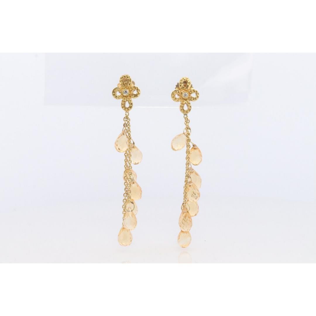 Boucles d'oreilles pendantes en citrine et diamant 18k. Boucles d'oreilles pendantes avec fleur en diamant 18k et pierres précieuses. Pour femmes en vente