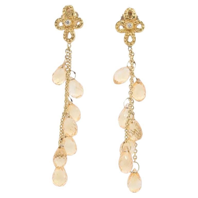 18k Citrine Diamond Dangle Earrings. 18k Diamond Flower mult-gem dangle drop