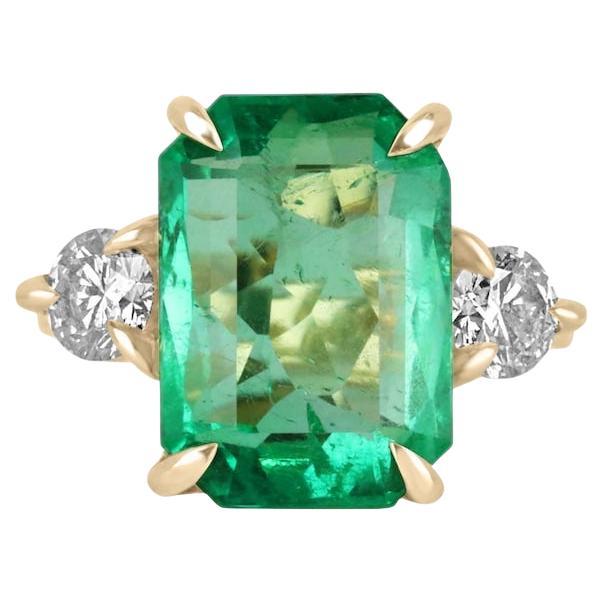 18K Colombian Emerald & Diamond Ring  8.92tcw Emerald Cut  Vivid Green