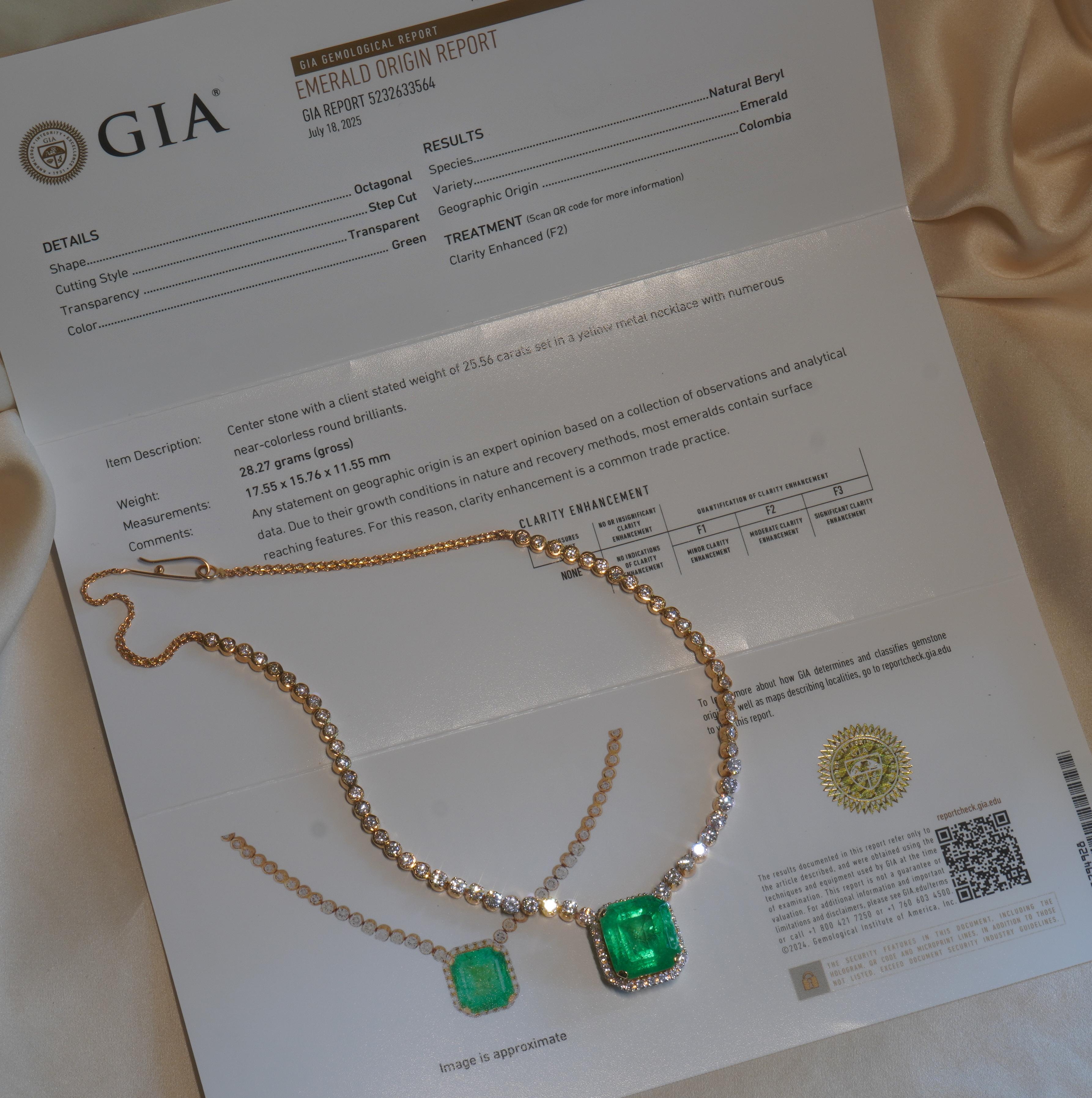 Emerald Cut 18k Colombian Emerald Diamond Vintage GIA Necklace Pendant Fine VS 34.72 Carats! For Sale
