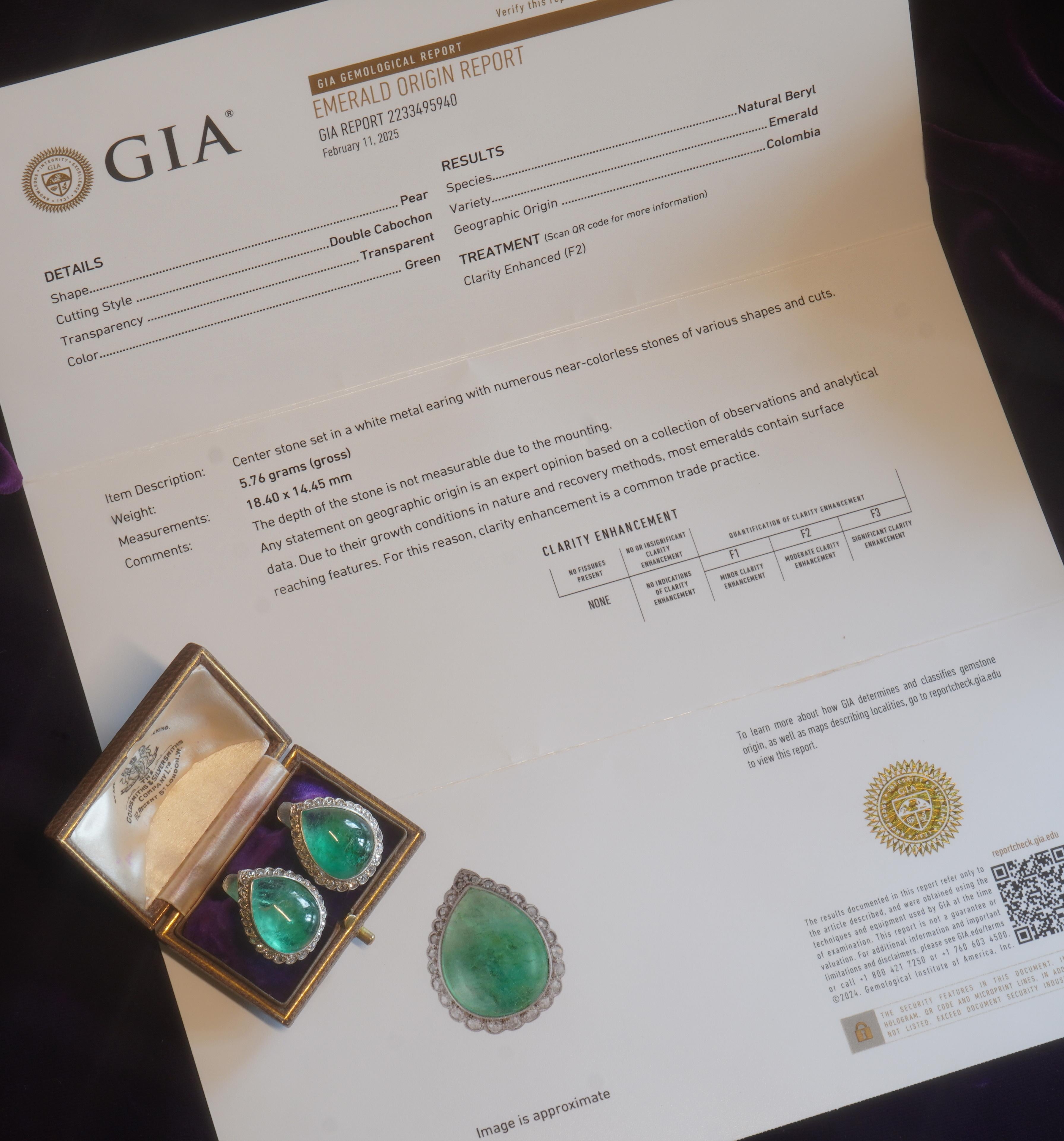 Emerald Cut 18K Colombian Emerald Earrings Diamond Antique GIA Certified Huge 25.12 Carats! For Sale