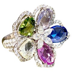 18K Colored Sapphire & Diamond Flower Ring 10.47 CTW