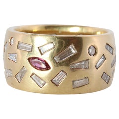 18k Confetti wide band. 2CTW Diamond Ruby Sapphire Emerald Scattered Cigar ring