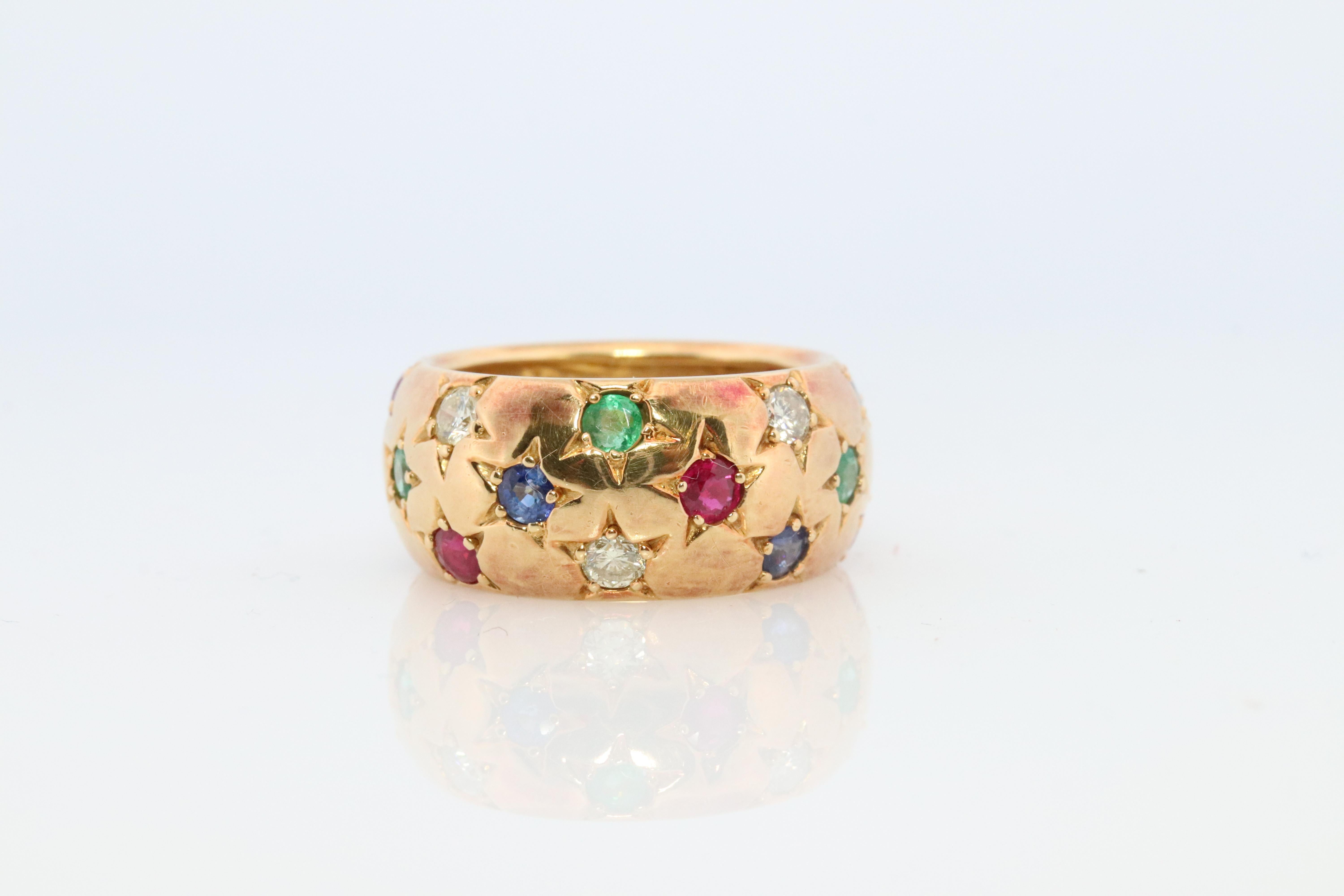 Modern 18k Confetti wide band. Diamond Ruby Sapphire Emerald Star Bezel Gypsy ring For Sale