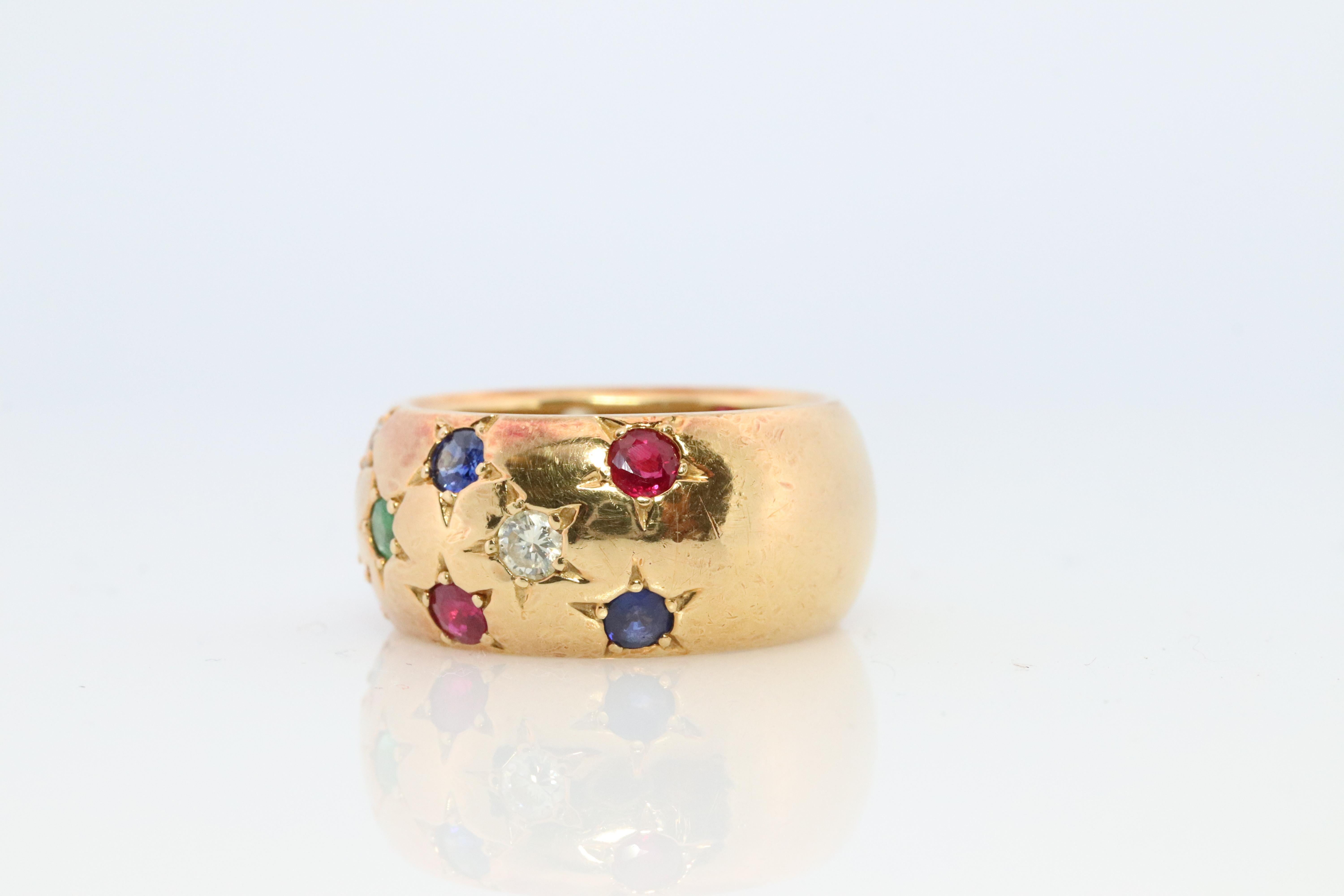 Round Cut 18k Confetti wide band. Diamond Ruby Sapphire Emerald Star Bezel Gypsy ring For Sale