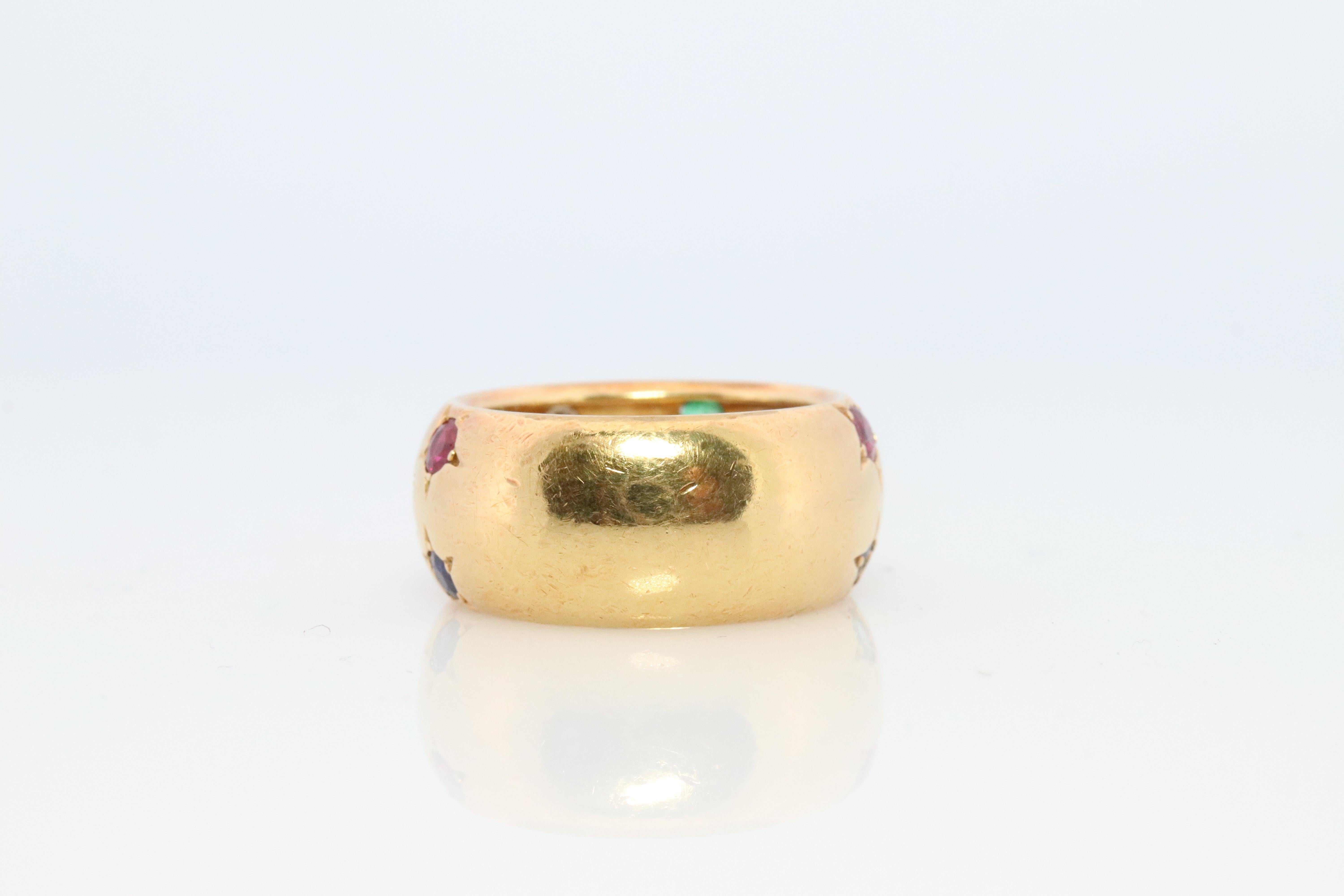 18k Confetti wide band. Diamond Ruby Sapphire Emerald Star Bezel Gypsy ring In Good Condition For Sale In Port Charlotte, FL