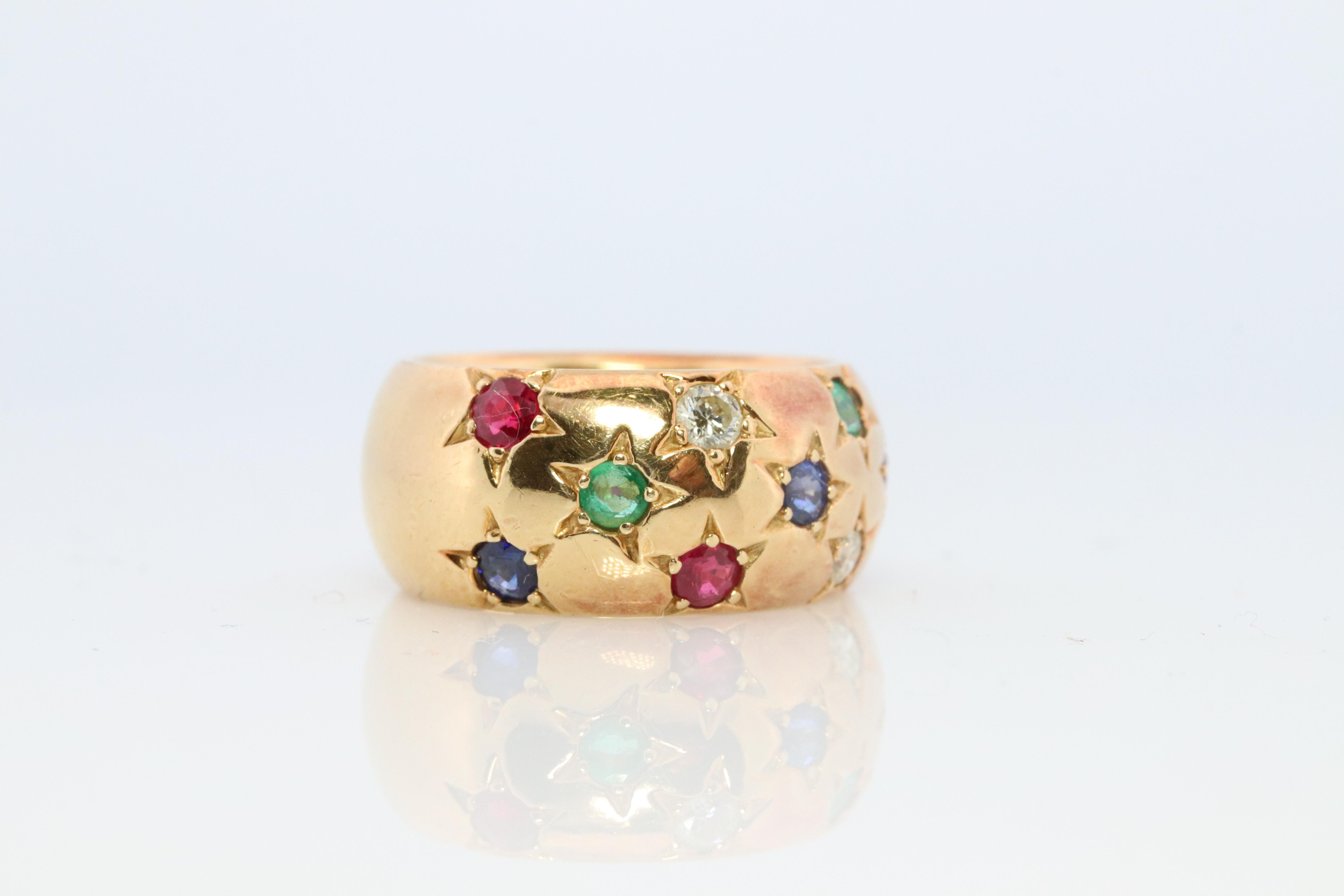 Women's 18k Confetti wide band. Diamond Ruby Sapphire Emerald Star Bezel Gypsy ring For Sale