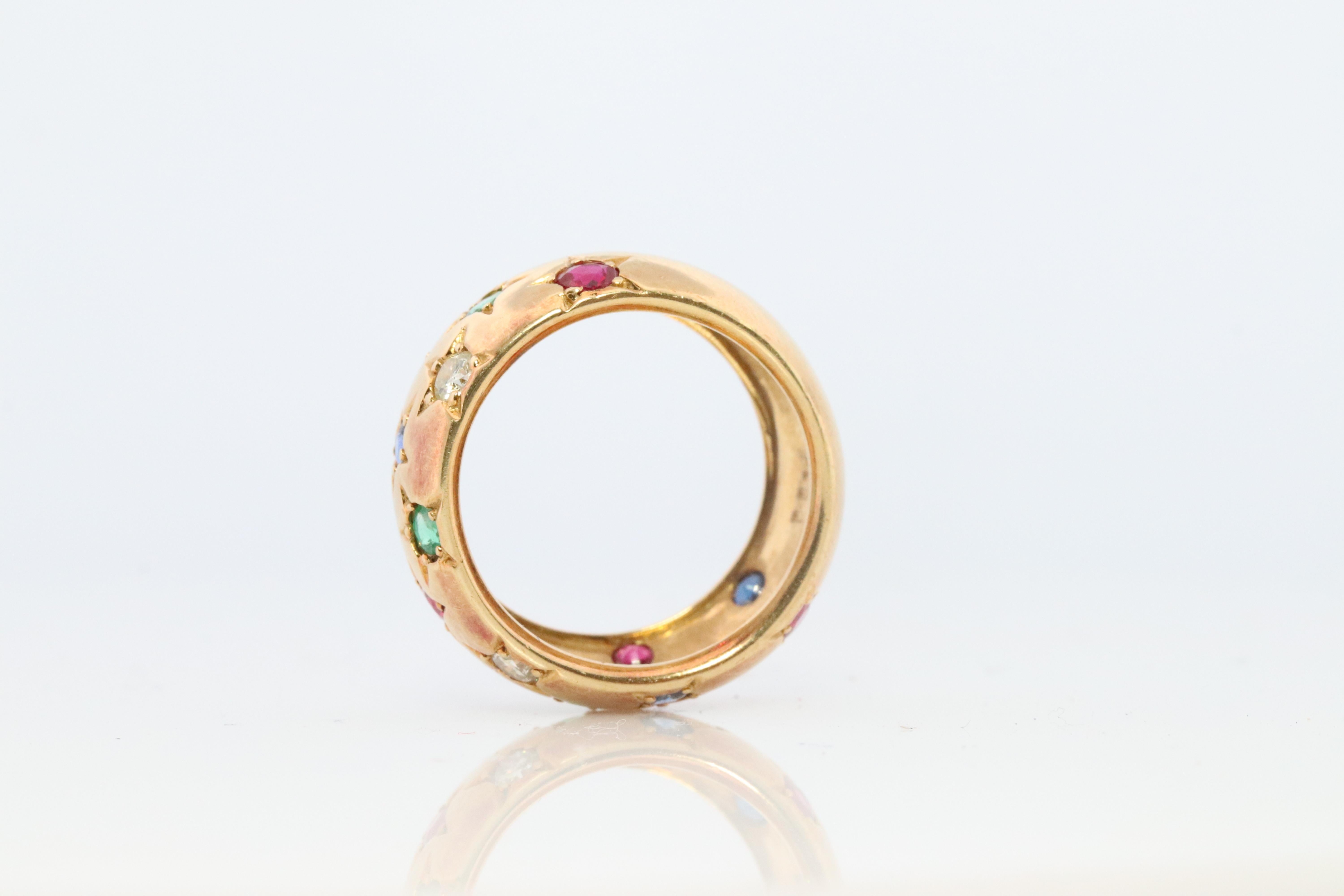 18k Confetti wide band. Diamond Ruby Sapphire Emerald Star Bezel Gypsy ring For Sale 1