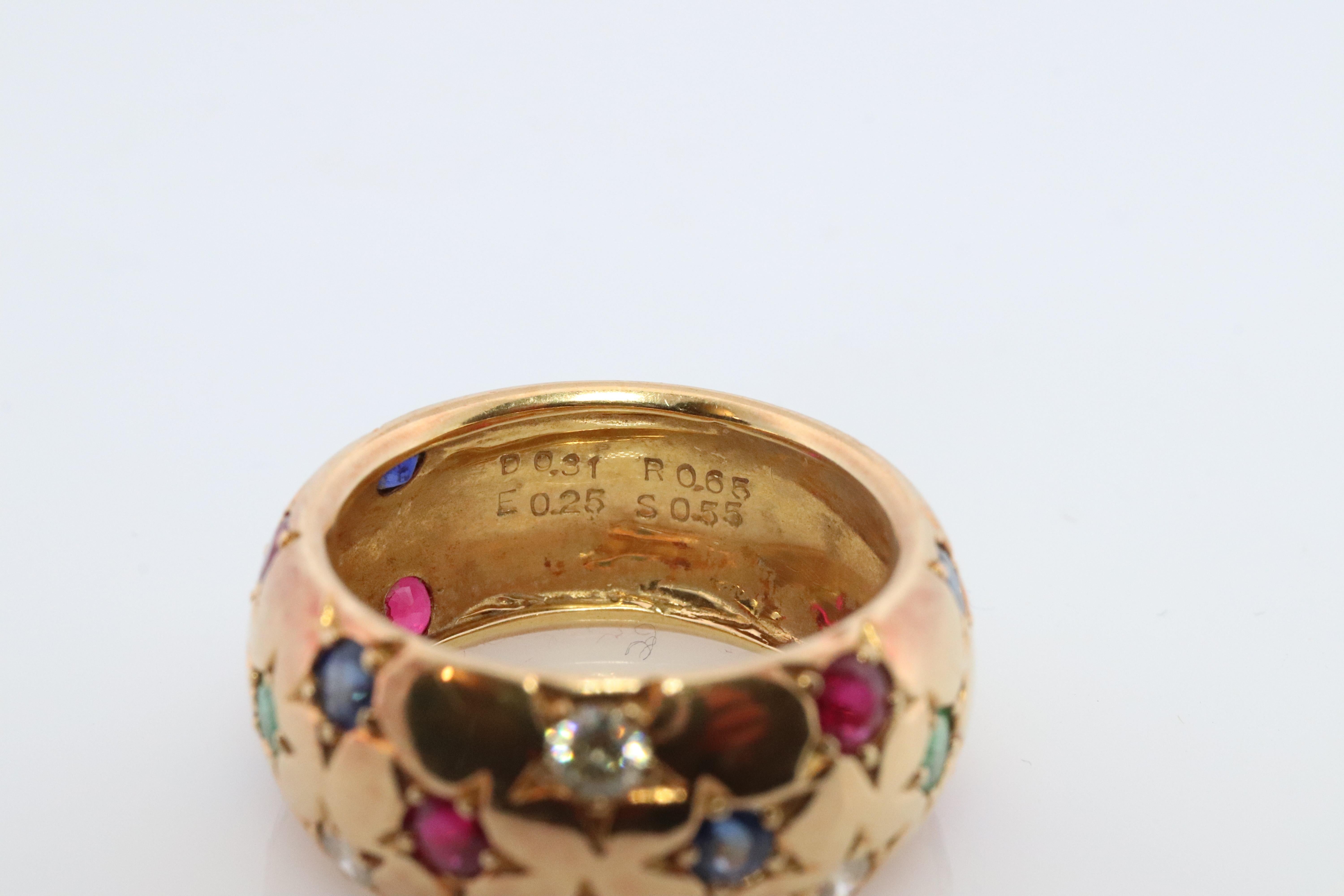 18k Confetti wide band. Diamond Ruby Sapphire Emerald Star Bezel Gypsy ring For Sale 2