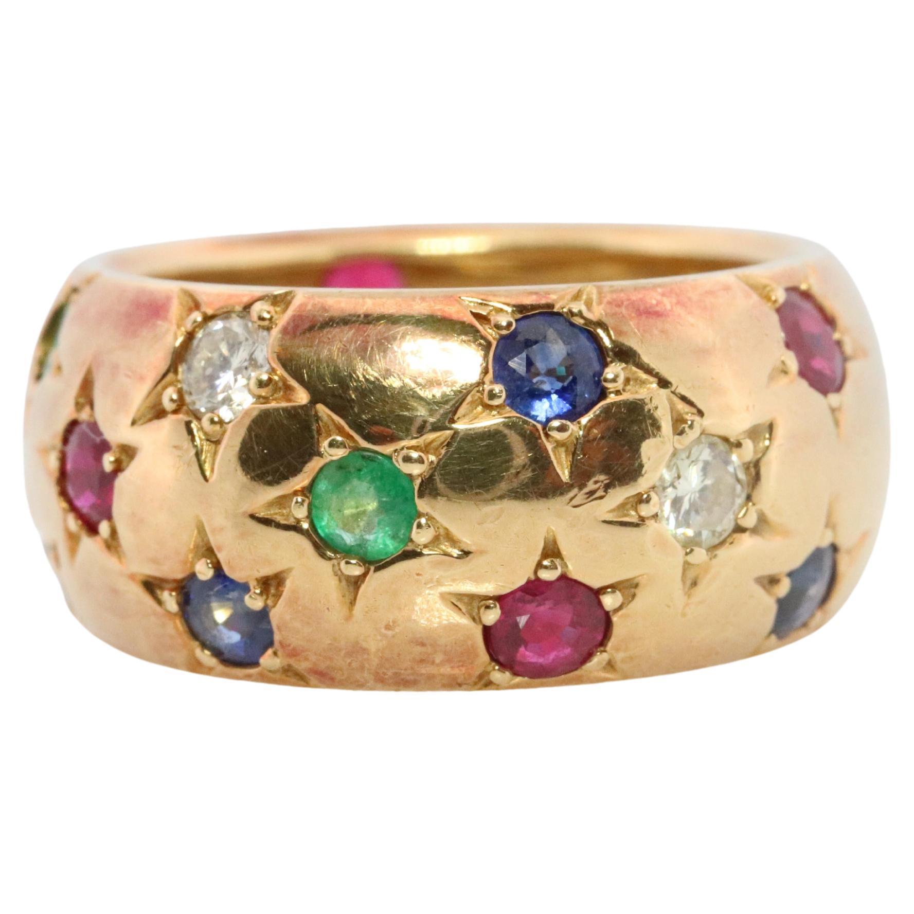 18k Confetti wide band. Diamond Ruby Sapphire Emerald Star Bezel Gypsy ring For Sale