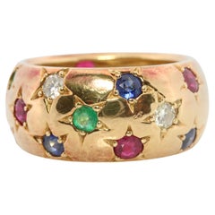 18k Confetti wide band. Diamond Ruby Sapphire Emerald Star Bezel Gypsy ring
