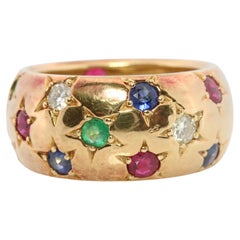 18k Confetti wide band. Diamond Ruby Sapphire Emerald Star Bezel Gypsy ring