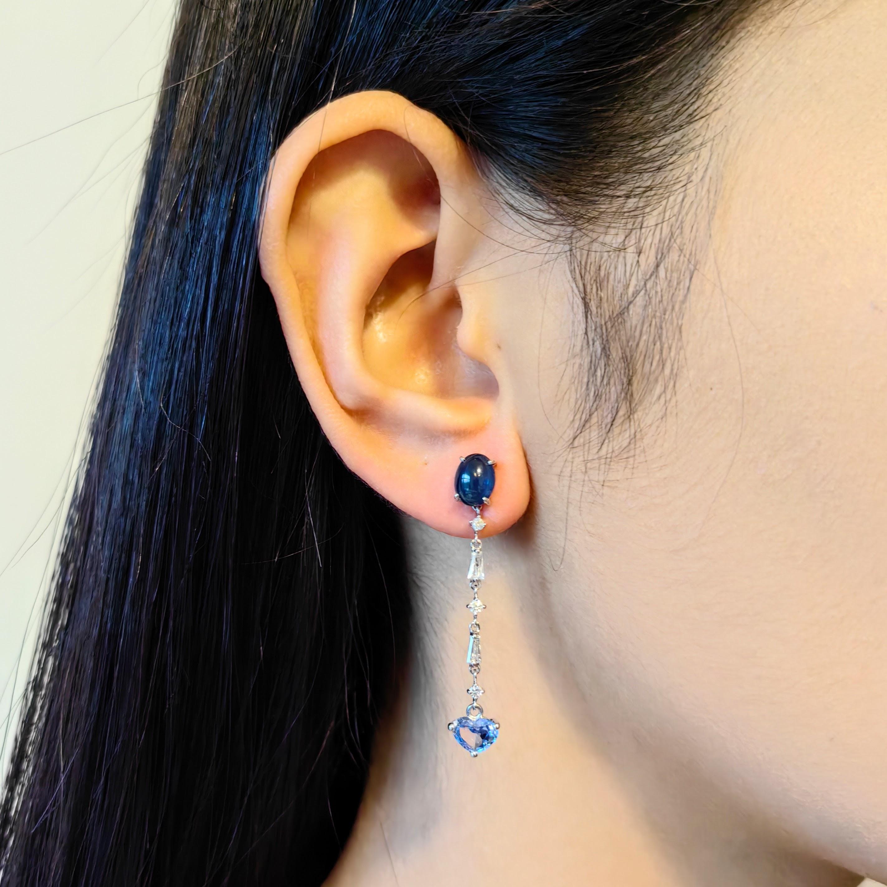 Orecchini convertibili con zaffiro e diamante in 18 carati - Borchie a cabochon con gocce a cuore in vendita 11