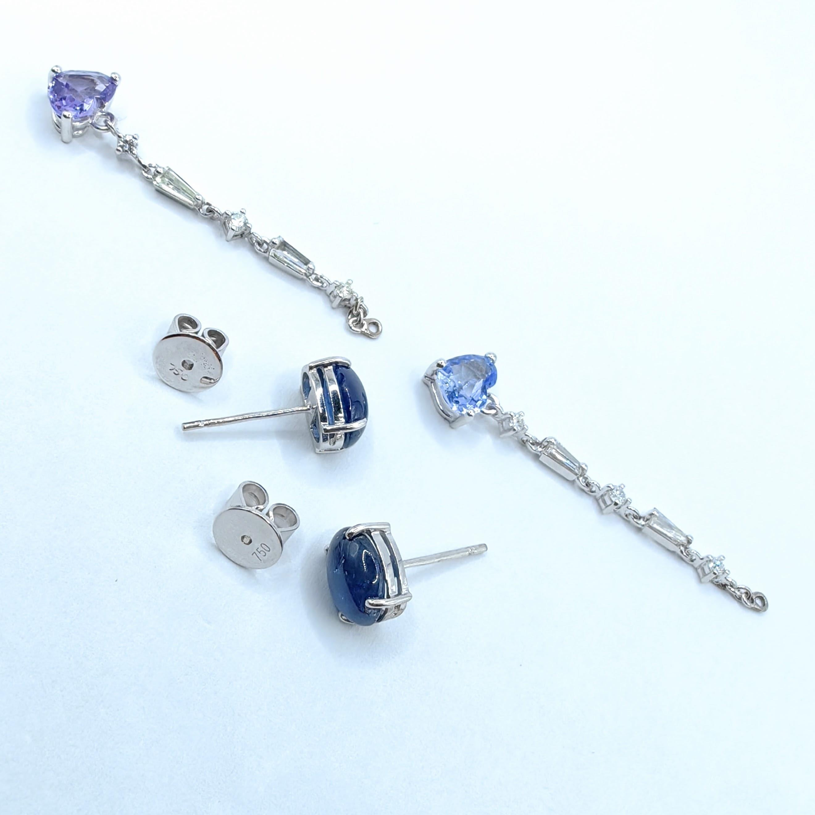da uomo o donna Orecchini convertibili con zaffiro e diamante in 18 carati - Borchie a cabochon con gocce a cuore in vendita