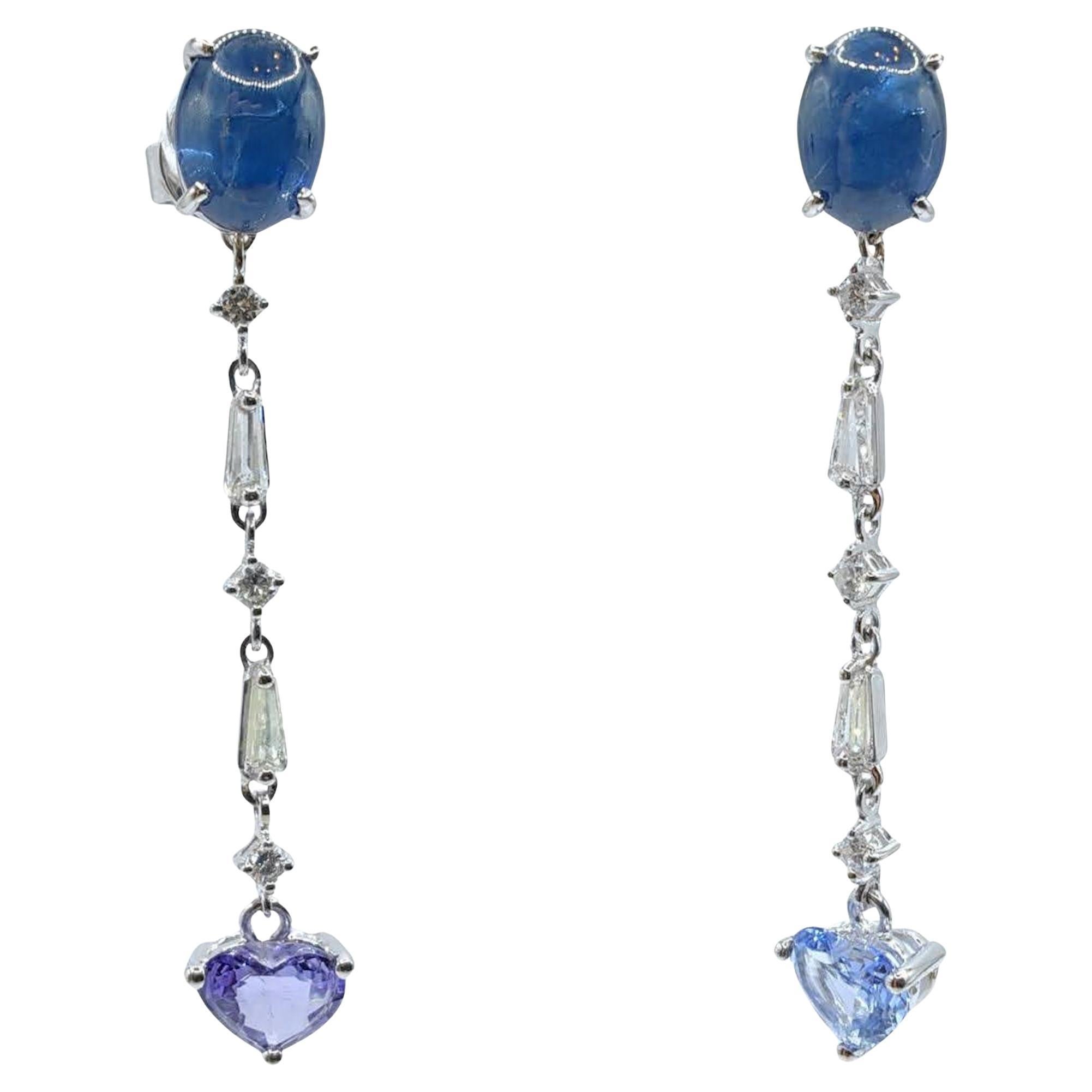 Boucles d'oreilles saphir et diamant convertibles 18K - Boucles d'oreilles cabochon avec gouttes en forme de coeur en vente